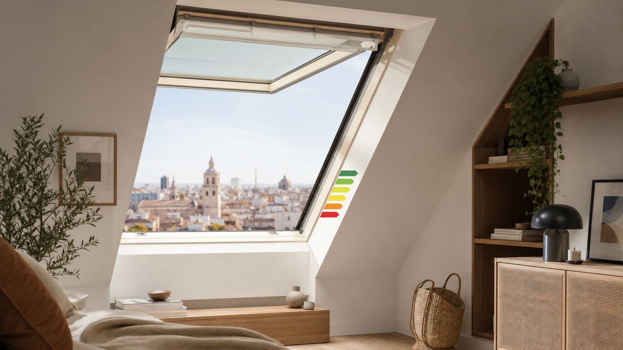 Certificados Energéticos | Ventanas Velux: Precios y montaje en Valencia 2026 Una habitación abuhardillada moderna con una ventana de techo abierta que ofrece vistas a una ciudad histórica.