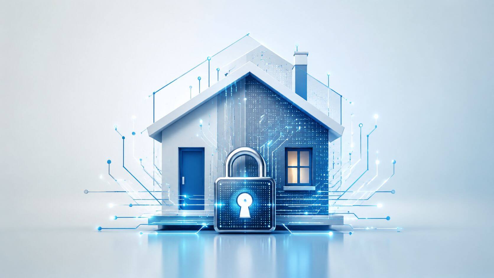 Certificados Energéticos | Todo sobre que es el CRU de una finca: Guía completa 2026 Representación digital de una casa protegida con un candado tecnológico, simbolizando la seguridad inteligente del hogar.