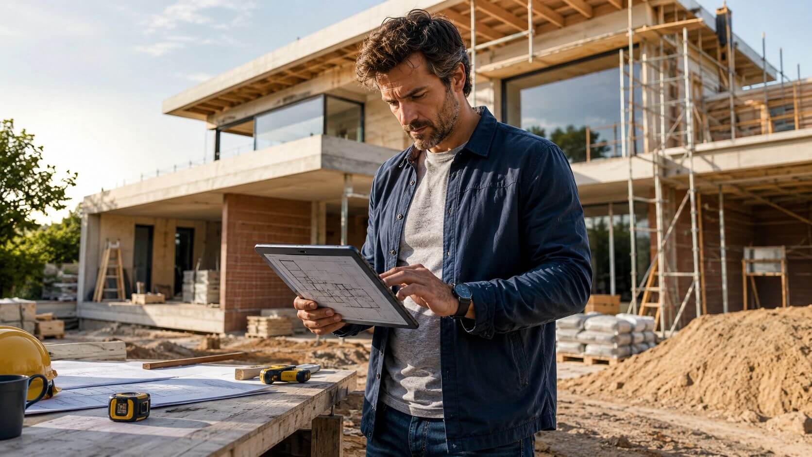Certificados Energéticos | Que es el Seguro Decenal en Valencia: Guía esencial 2026 Arquitecto revisando planos de construcción digital en una tableta frente a una casa en obra