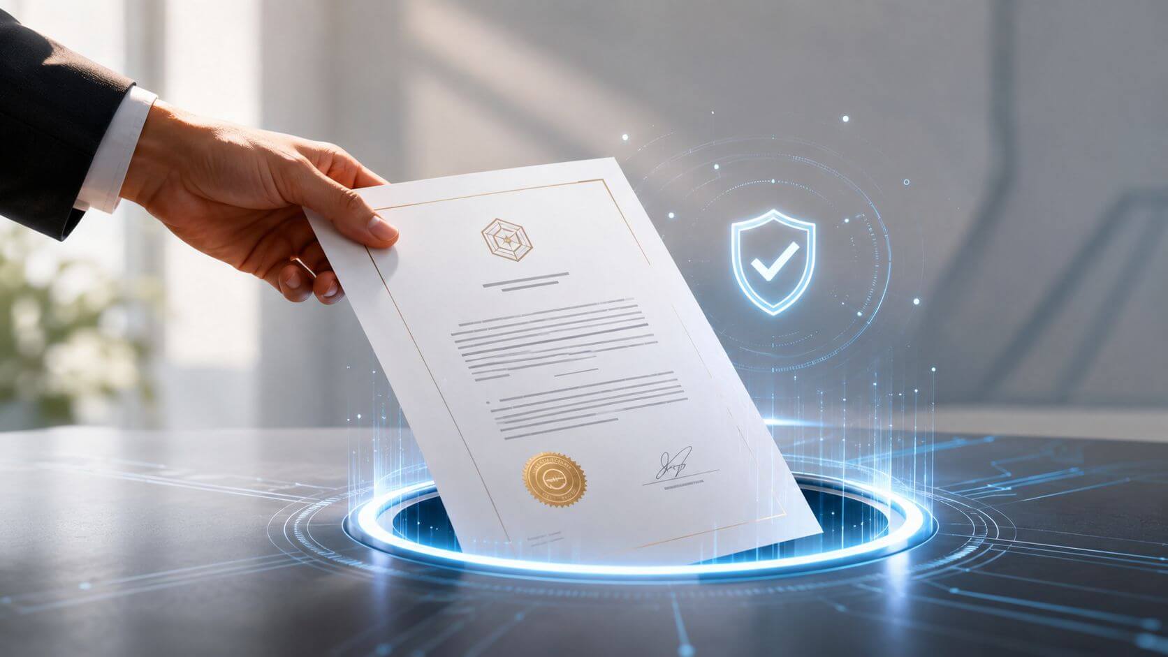 Certificados Energéticos | Descubre que es IDUFIR en Valencia: CEE 2026 Una mano de negocios coloca un documento oficial certificado con seguridad digital sobre una mesa iluminada futurista.