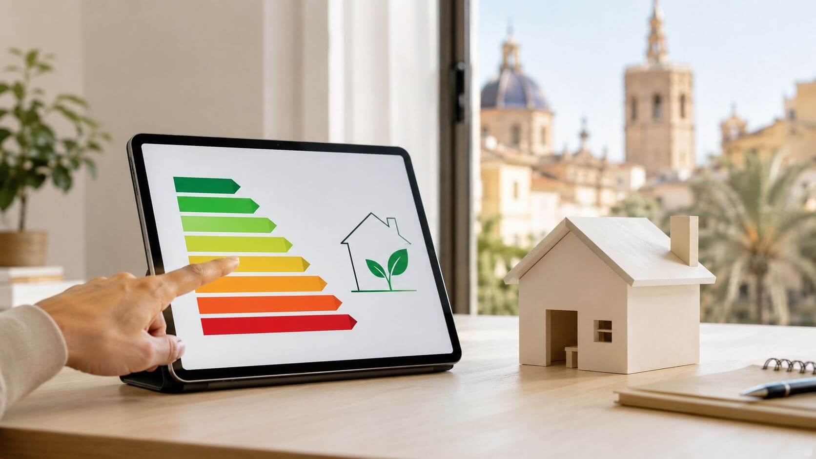 Certificados Energéticos | Descubre que es IDUFIR en Valencia: CEE 2026 Una mano tocando una tableta digital que muestra una escala de eficiencia energética junto a una casa pequeña.