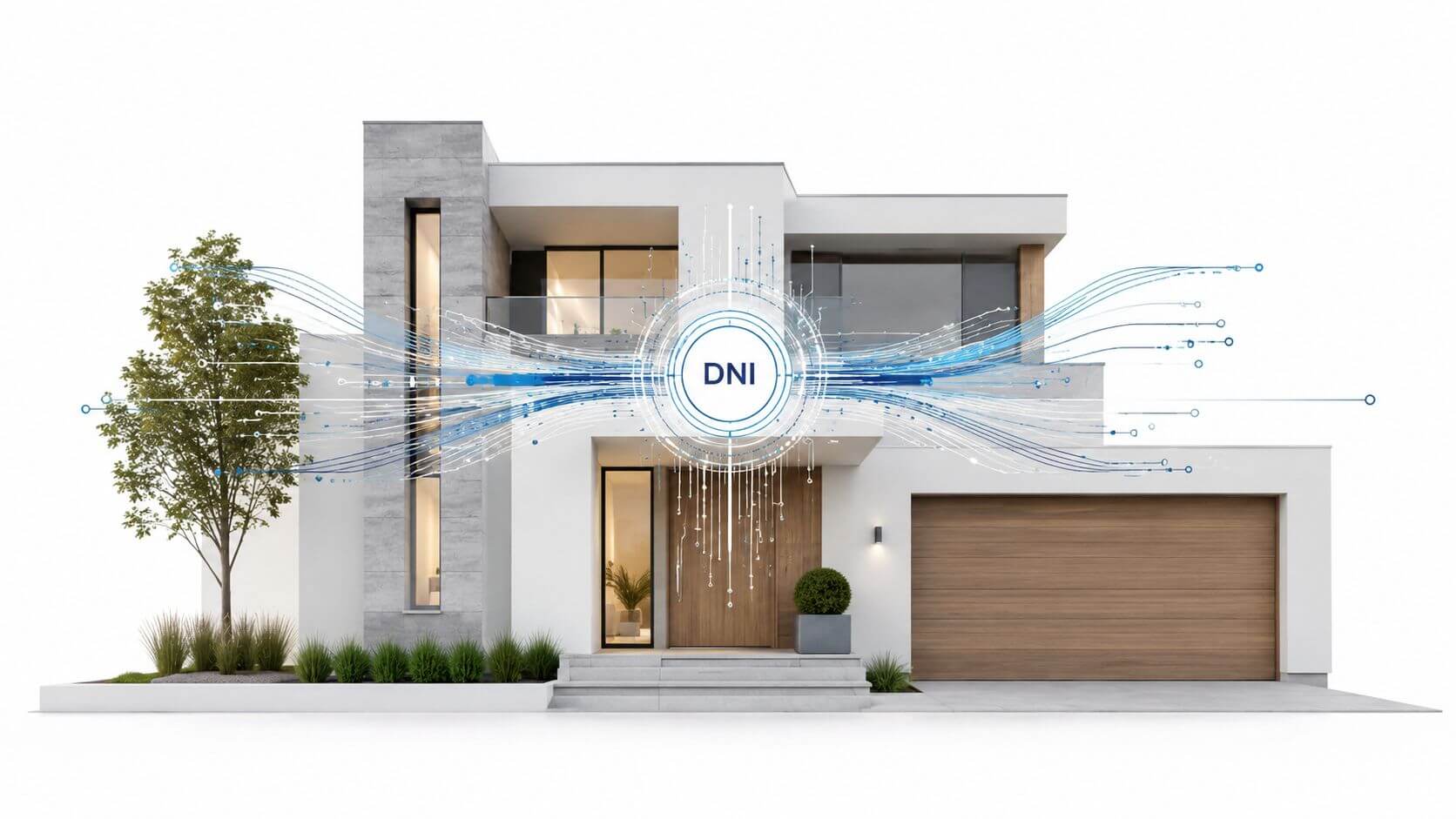 Certificados Energéticos | Descubre que es IDUFIR en Valencia: CEE 2026 Representación digital de una casa moderna conectada con datos y tecnología sobre fondo blanco