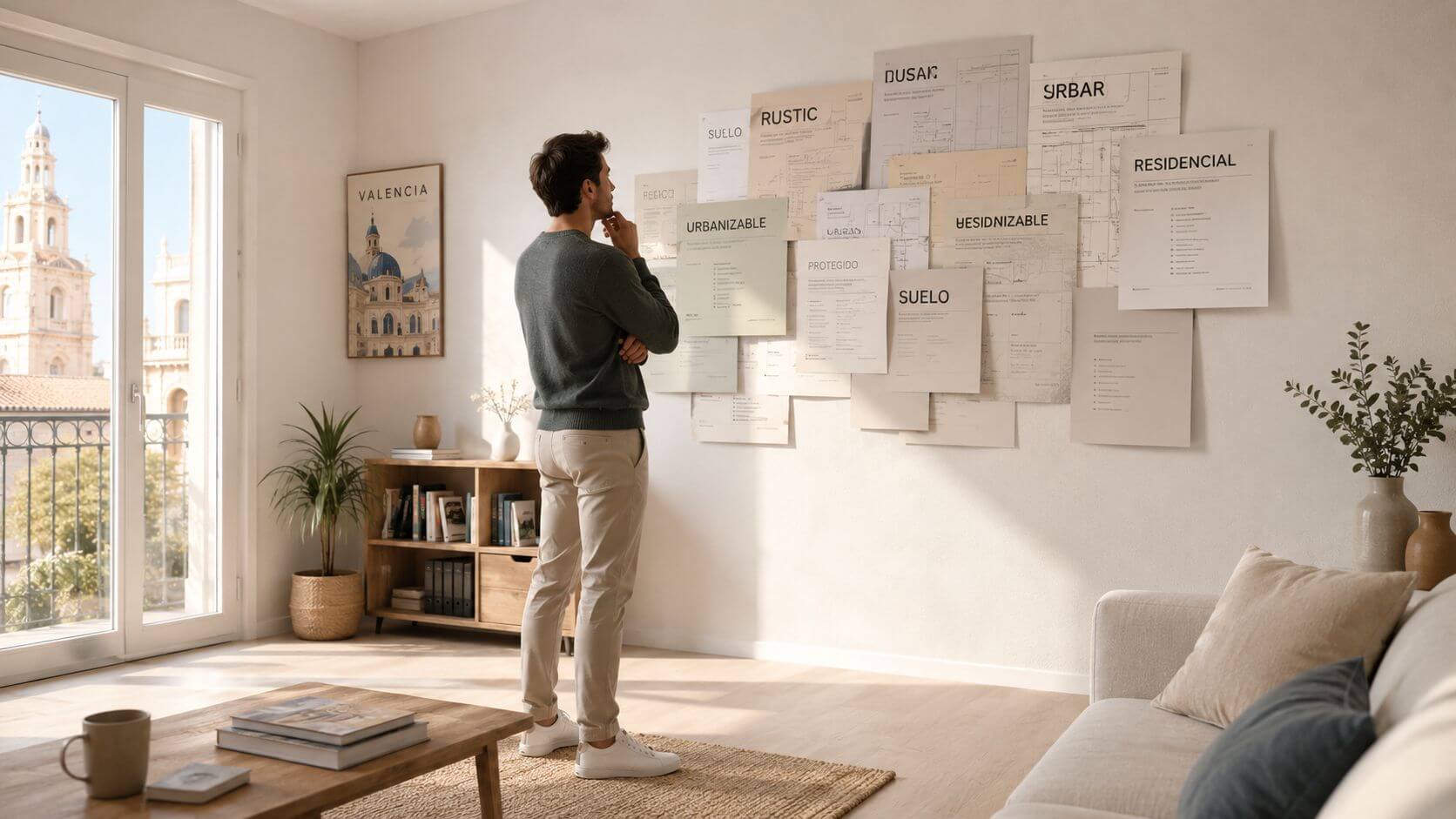 Certificados Energéticos | Descubre que es IDUFIR en Valencia: CEE 2026 Un hombre observa documentos técnicos y planos de zonificación del suelo colgados en la pared de su oficina.