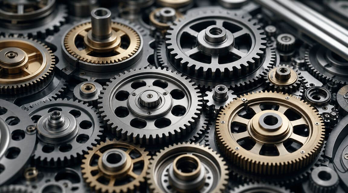 Certificados Energéticos | Que es la idoneidad: Clave para tu Certificado Energético Un primer plano detallado de varios engranajes metálicos de precisión entrelazados en una maquinaria industrial compleja.