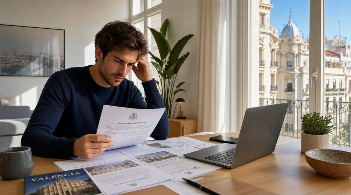 Certificados Energéticos | Todo sobre que es el CRU de una finca: Guía completa 2026 Hombre joven concentrado leyendo documentos de compraventa de una vivienda en una oficina moderna y luminosa.