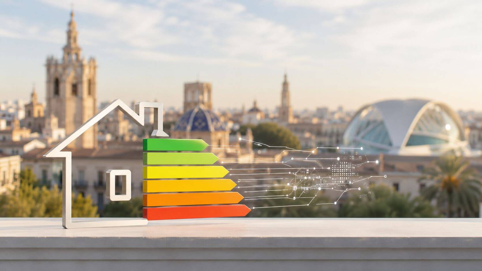 Certificados Energéticos | Todo sobre que es el CRU de una finca: Guía completa 2026 Representación tridimensional de una casa con etiqueta de eficiencia energética frente a un paisaje urbano difuminado.