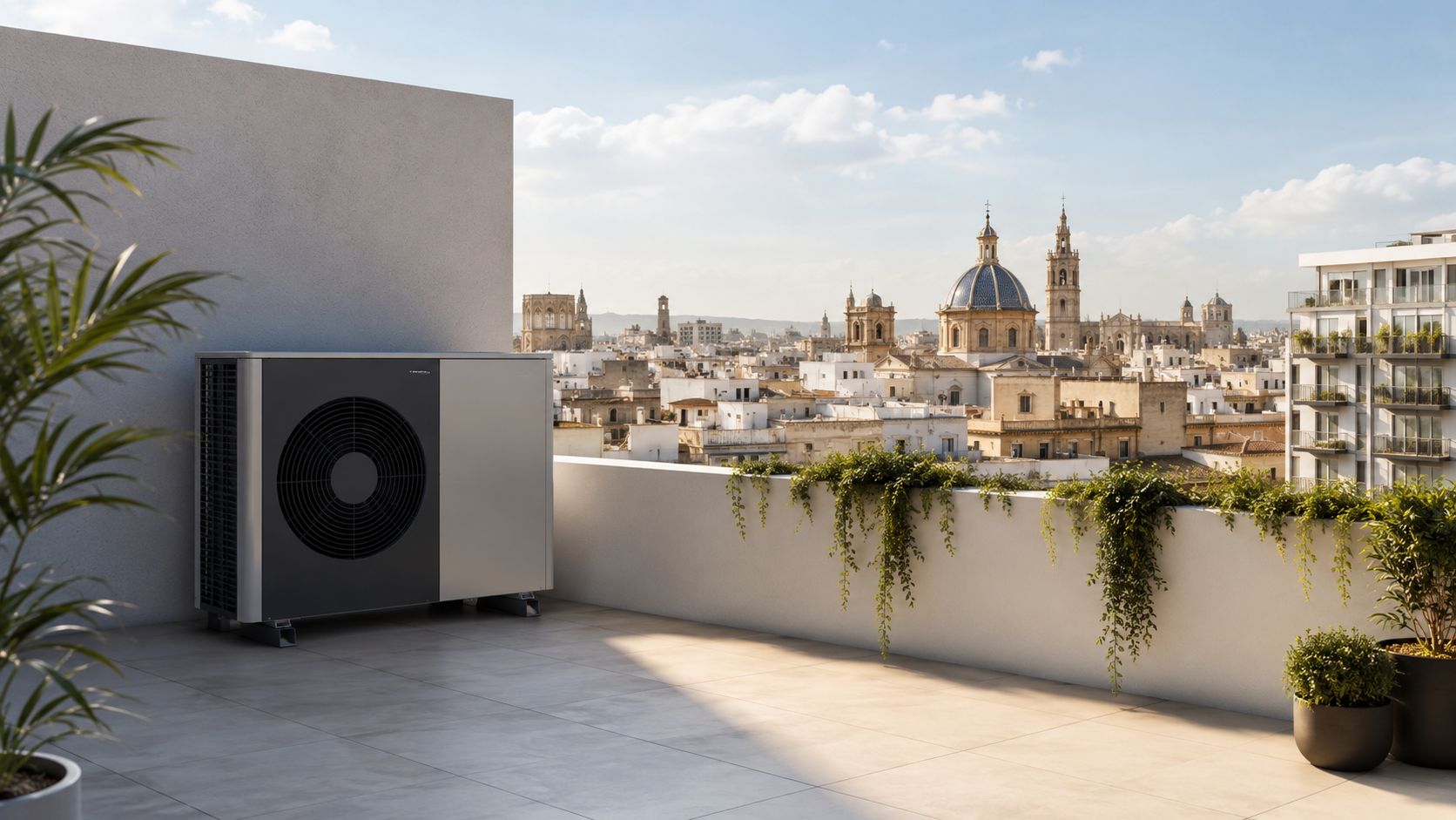 Certificados Energéticos | Aerotermia en Comunidades de Vecinos: Guía completa 2026 Unidad exterior de aerotermia instalada en una terraza moderna con vistas panorámicas a una histórica ciudad europea.
