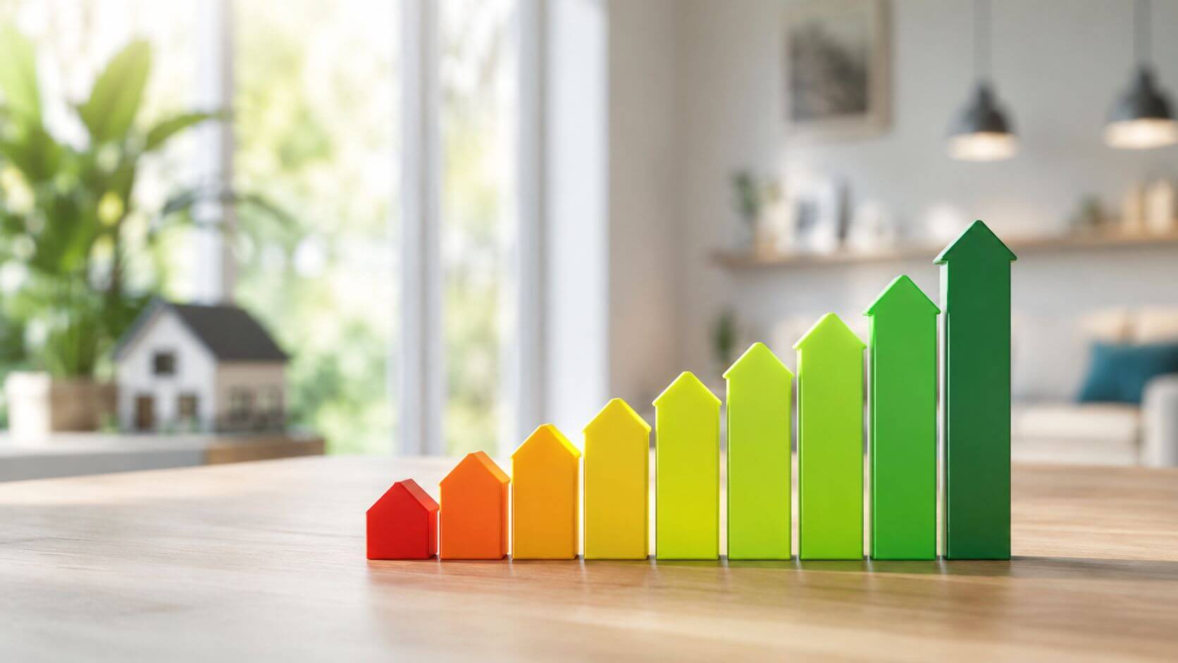 Certificados Energéticos | Bomba calor Aerotermia: Guía completa en Valencia 2026 Representación visual de barras en forma de casa que muestran una mejora gradual de eficiencia energética.