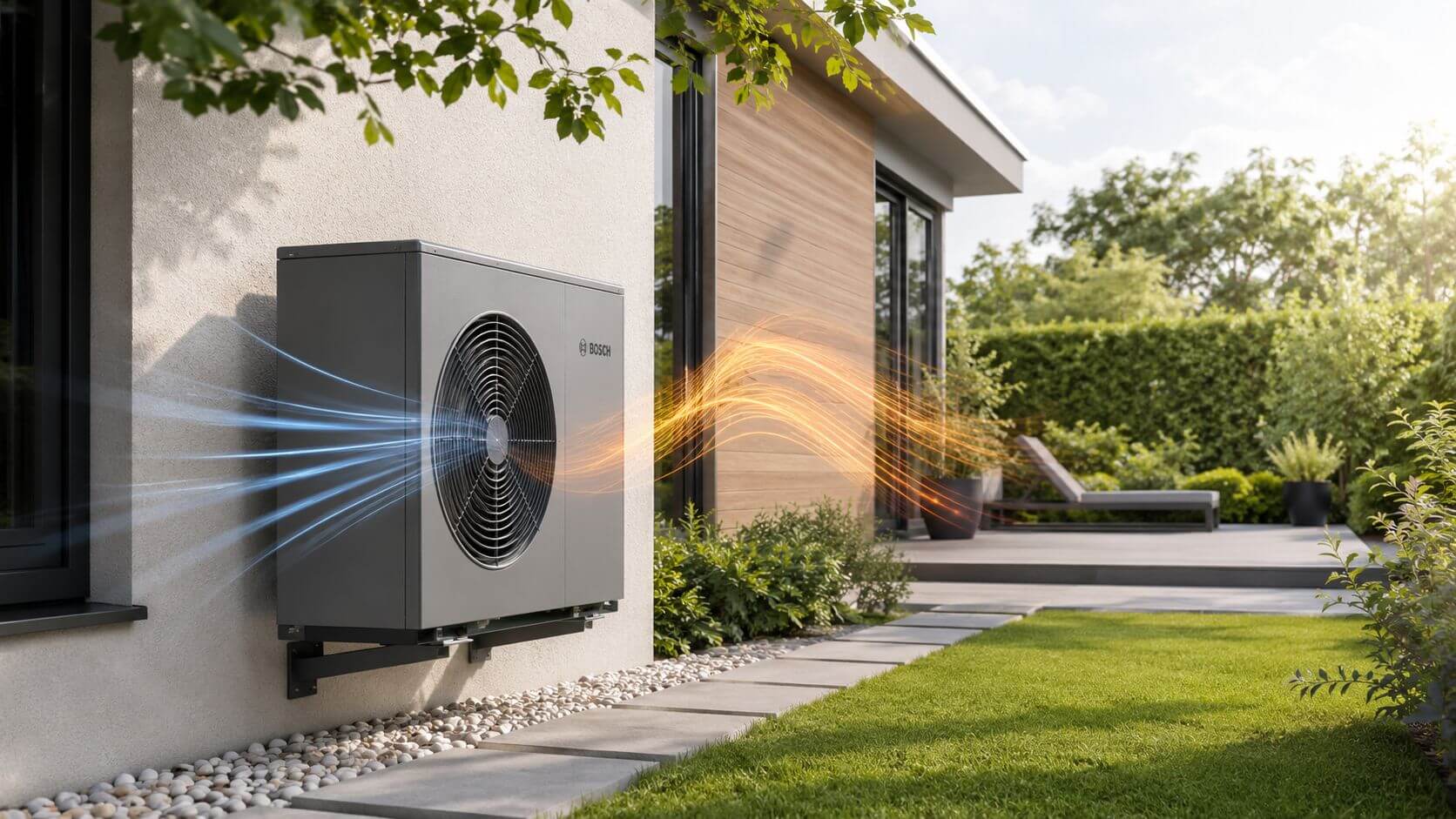 Certificados Energéticos | Bomba calor Aerotermia: Guía completa en Valencia 2026 Bomba de calor aerotermia Bosch instalada en la pared exterior de una casa moderna con jardín.