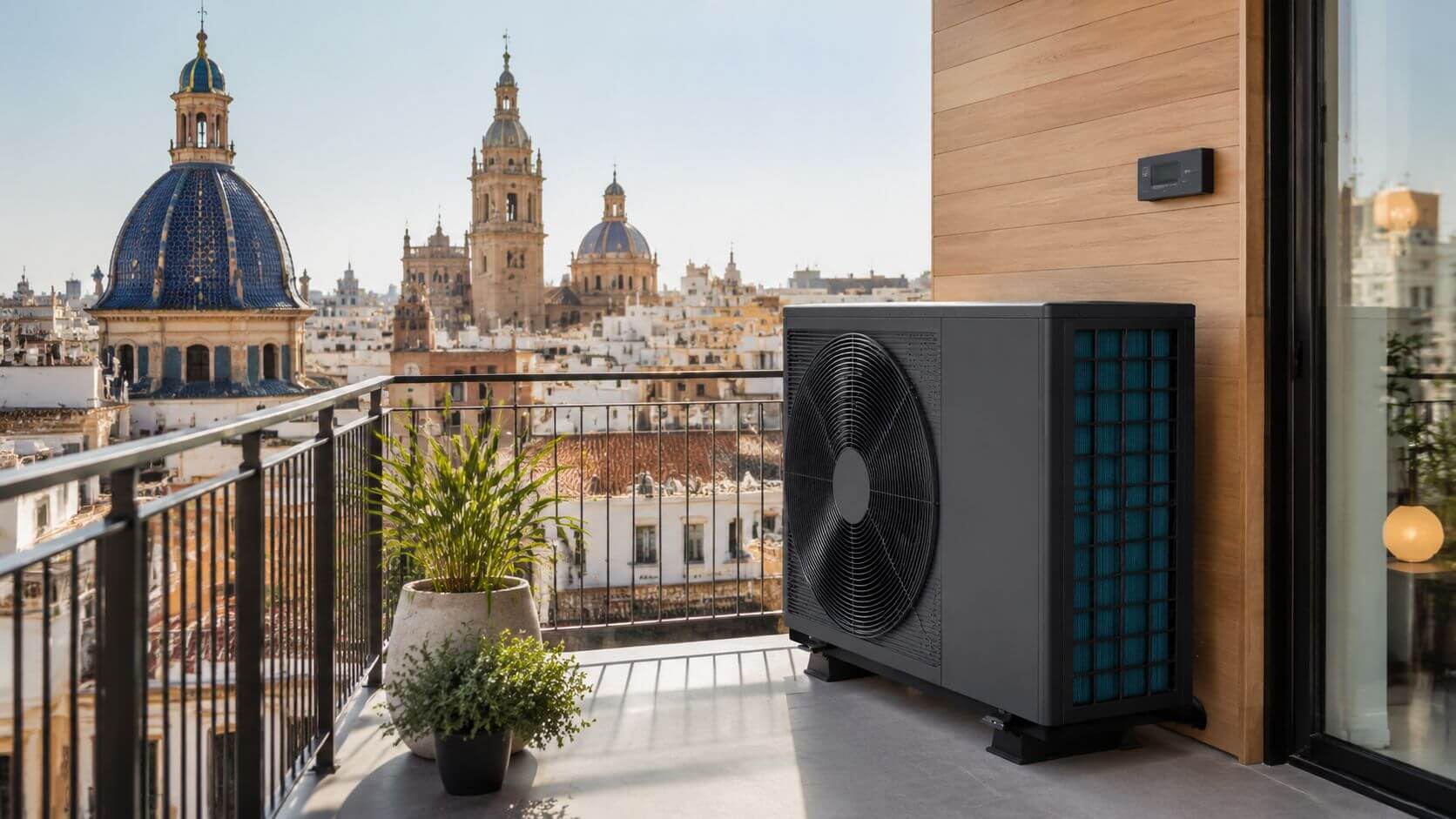 Certificados Energéticos | Bomba calor Aerotermia: Guía completa en Valencia 2026 Bomba de calor de aerotermia instalada en una terraza con vistas panorámicas a una ciudad antigua europea.