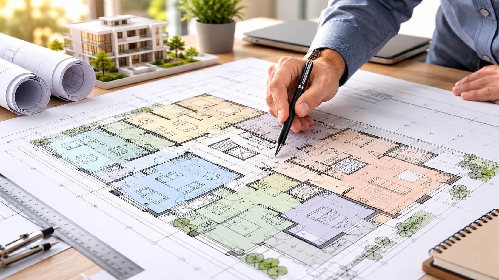 Certificados Energéticos | Precio ITE edificio: Guía completa 2026 en Valencia Un arquitecto revisa detalladamente un plano de construcción sobre una mesa de oficina con una maqueta
