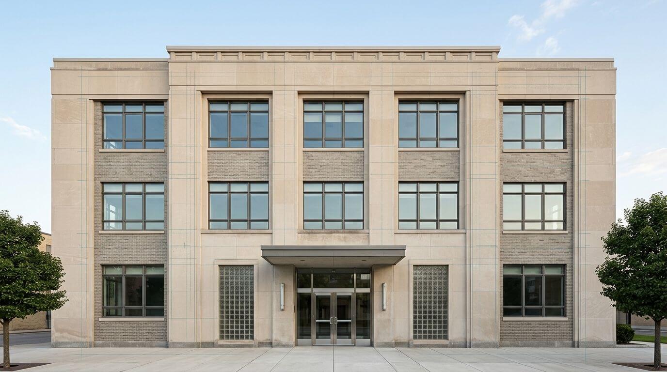 Certificados Energéticos | Precio ITE edificio: Guía completa 2026 en Valencia Vista frontal de un edificio de oficinas moderno de tres pisos con fachada de piedra clara.