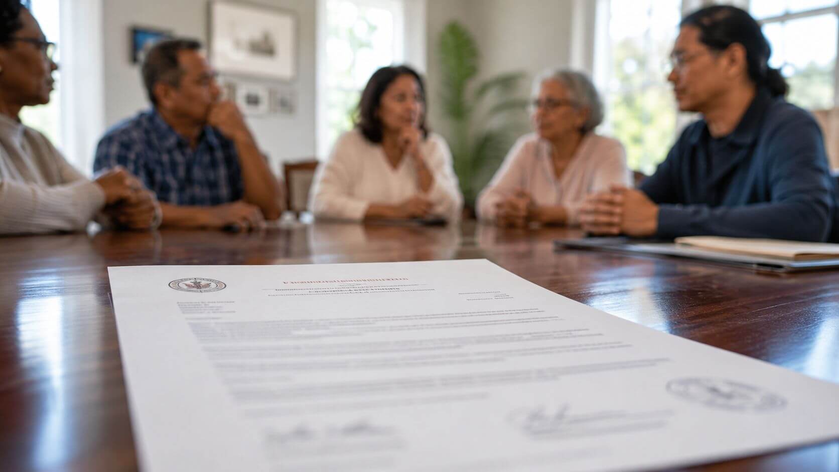 Certificados Energéticos | Precio ITE edificio: Guía completa 2026 en Valencia Grupo de personas sentadas alrededor de una mesa examinando un documento oficial importante en una reunión