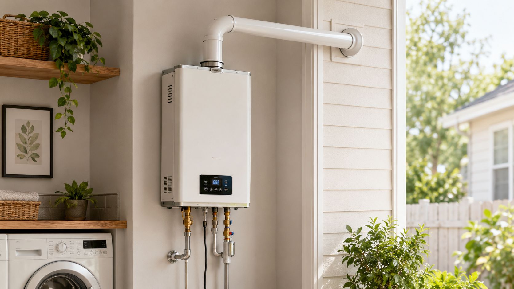 Certificados Energéticos | Normativa salida gases Calentador Butano Calentador de agua a gas instalado en la pared junto a una lavadora y plantas decorativas.