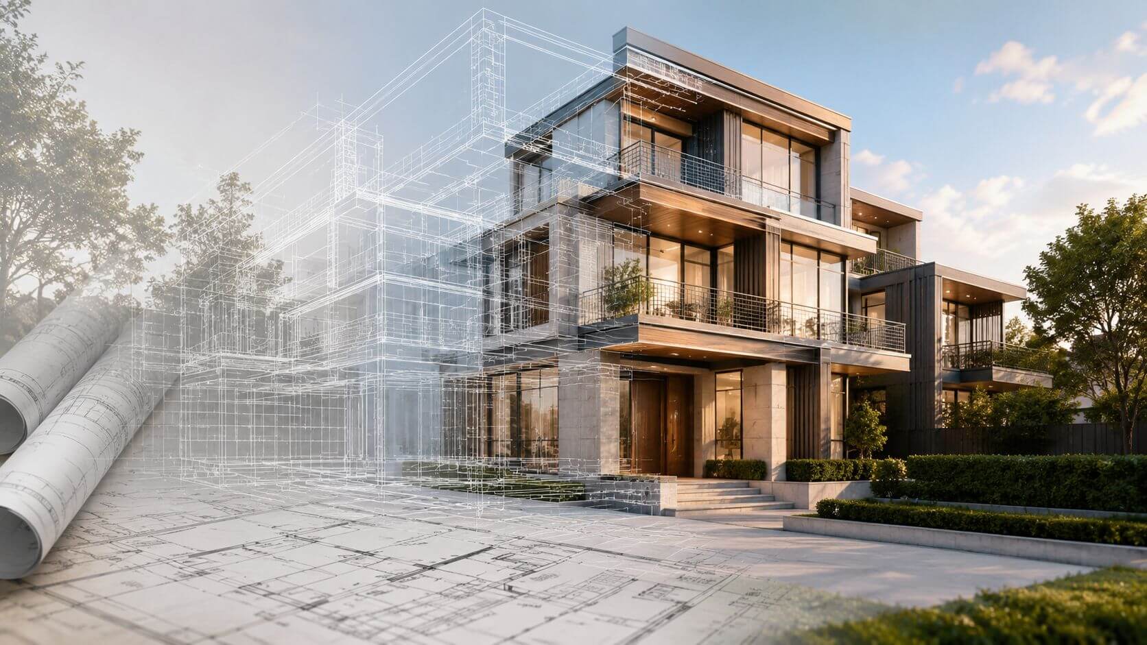Certificados Energéticos | Estatutos de comunidad de propietarios 2026: Tu guía Representación arquitectónica digital que combina un plano técnico con un edificio residencial moderno y lujoso.