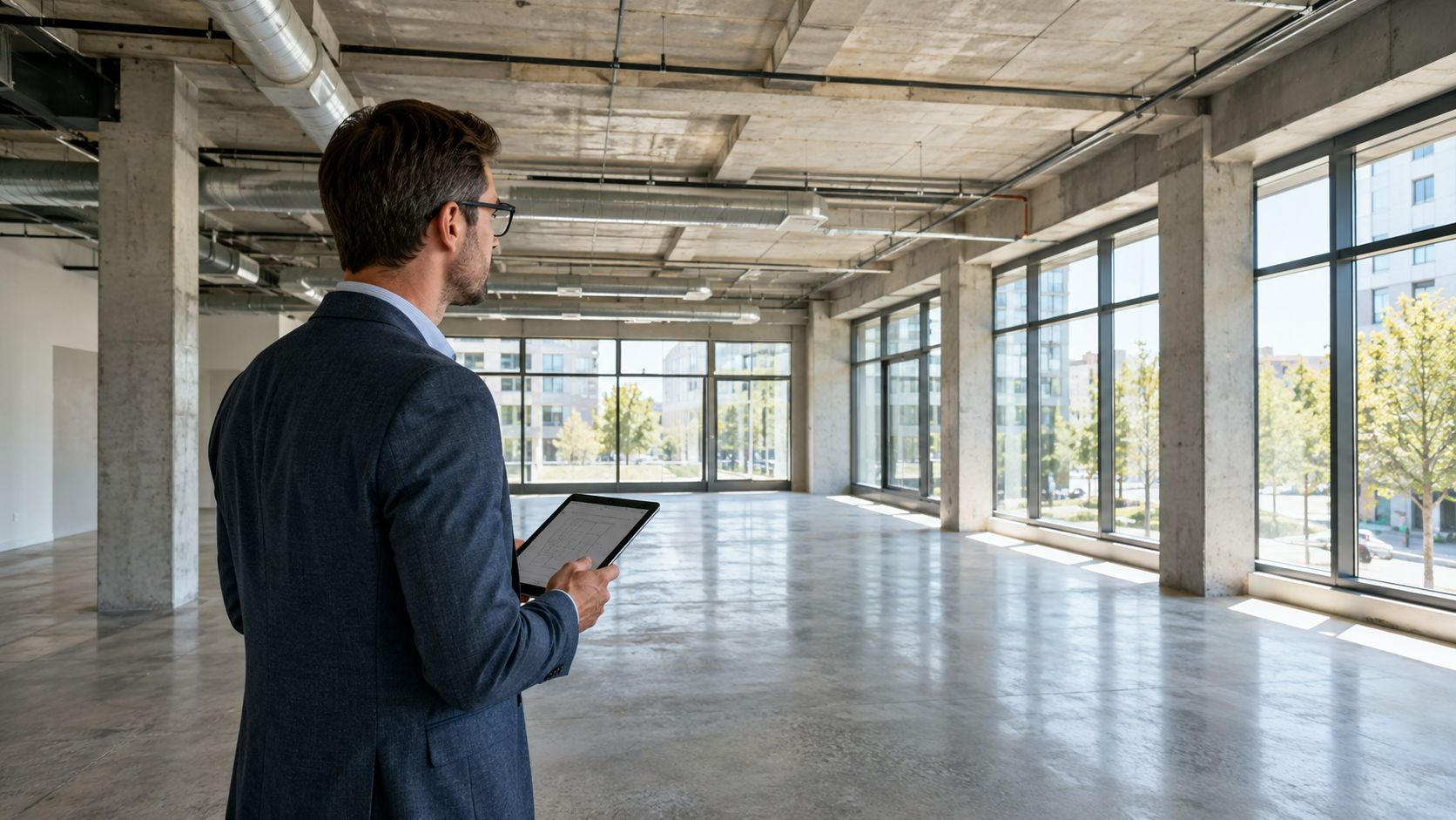Certificados Energéticos | Cambio de uso de Local a Vivienda: Guía completa 2026 Arquitecto con una tableta revisando un local comercial vacio con grandes ventanales y estructura de concreto.