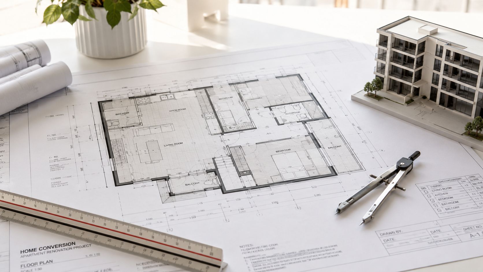 Certificados Energéticos | Cambio de uso de Local a Vivienda: Guía completa 2026 Planos arquitectónicos sobre una mesa junto a una maqueta de edificio, regla y un compás profesional.