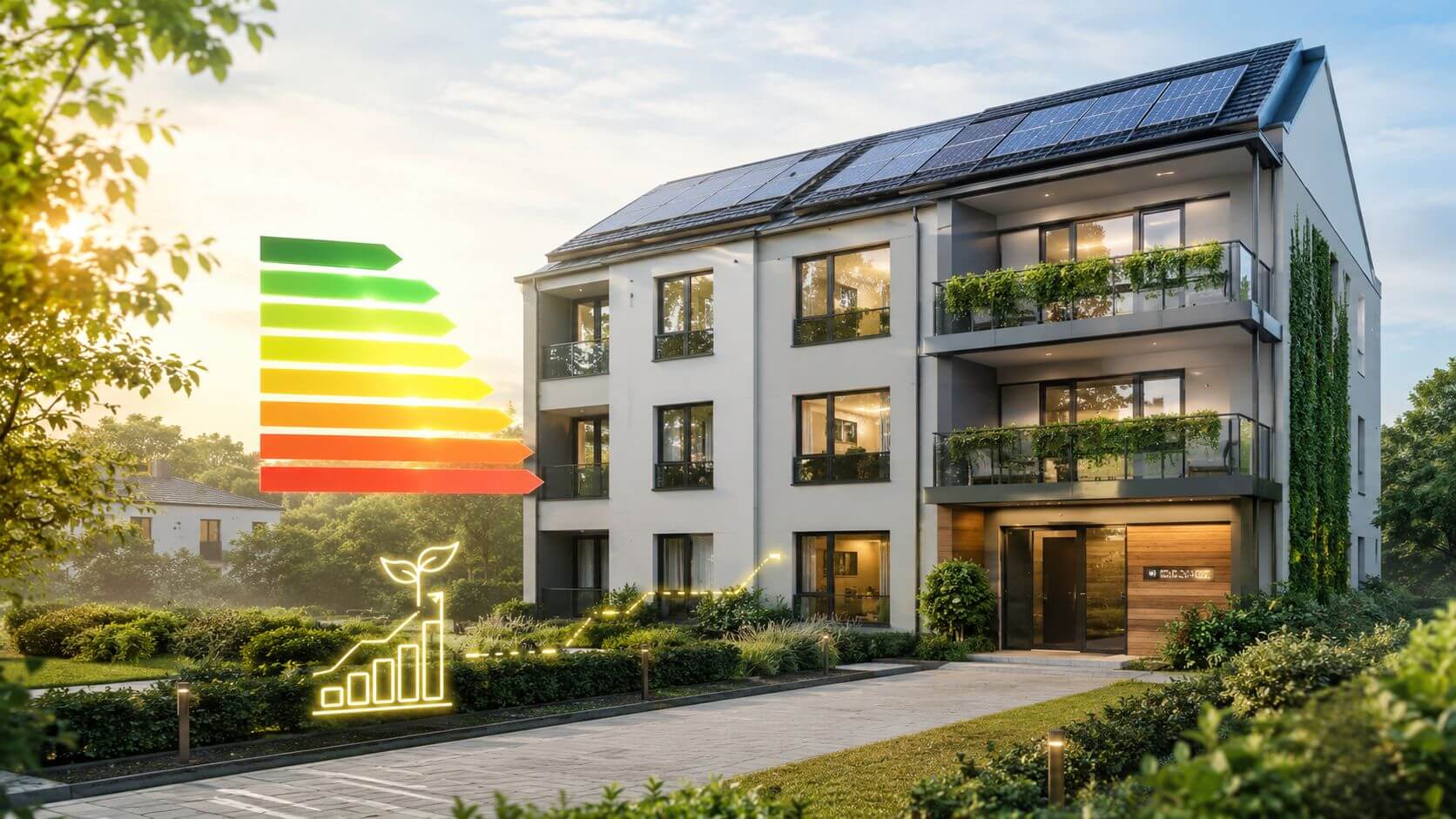 Certificados Energéticos | Estatutos de comunidad de propietarios 2026: Tu guía Edificio moderno con paneles solares, jardines verticales y una etiqueta de eficiencia energética destacada en el exterior.