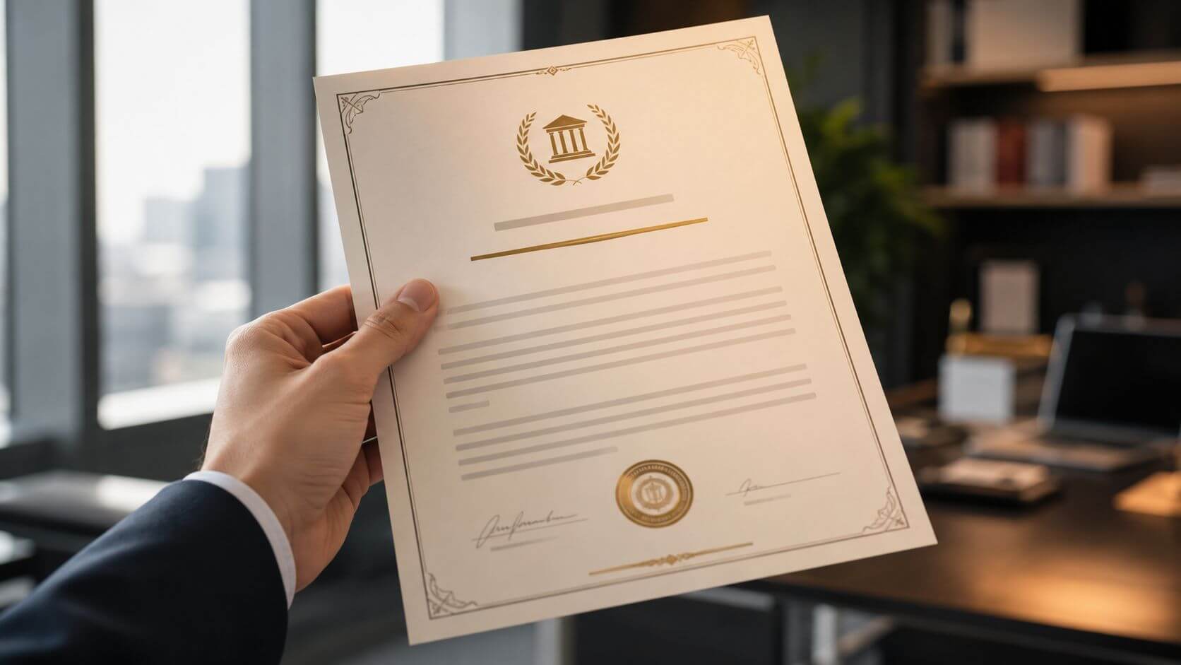 Certificados Energéticos | Multa Certificado Energético: Evita sanciones en 2026 Una mano sosteniendo un certificado oficial de papel con un sello dorado en un entorno de oficina.