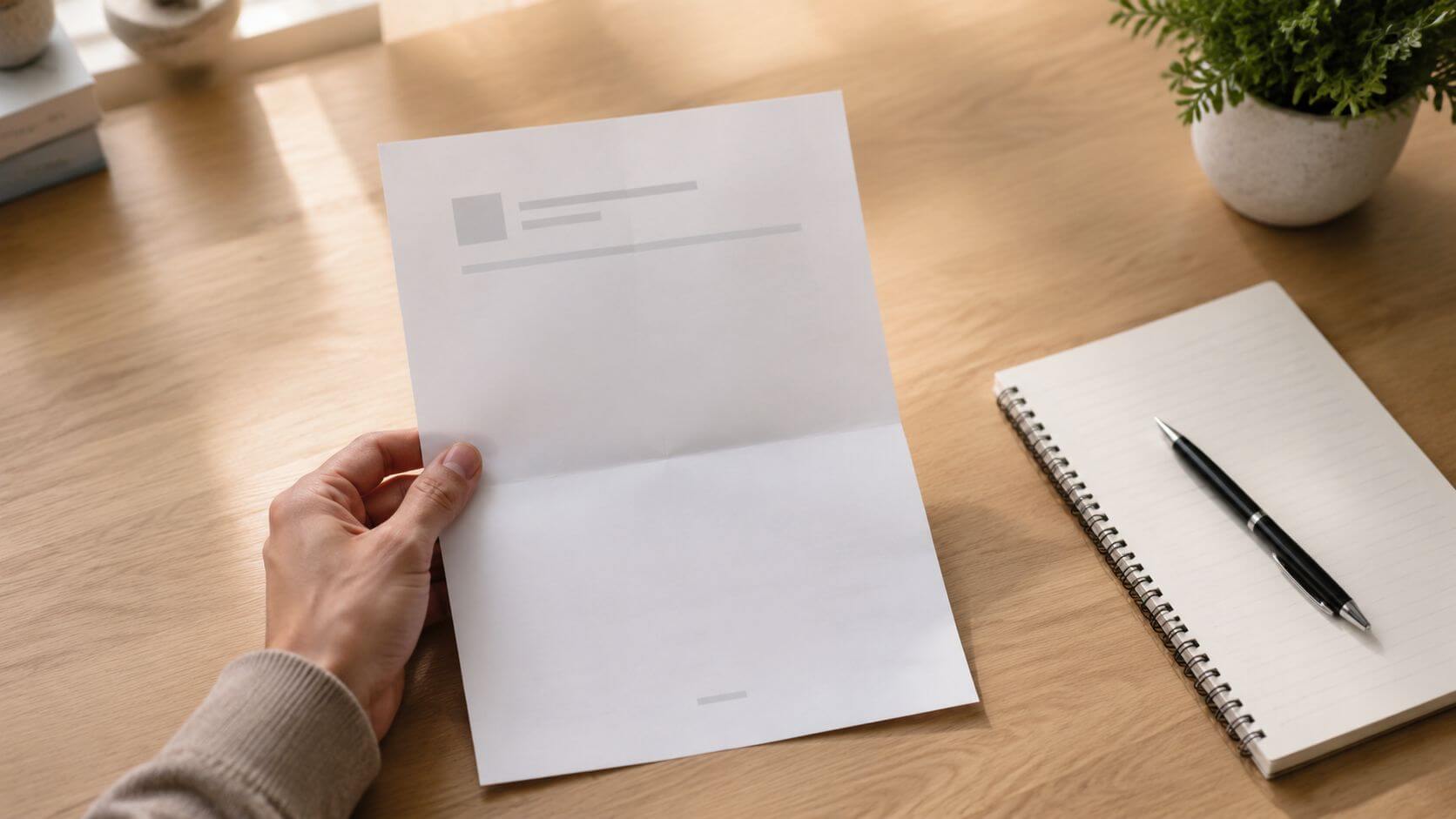 Certificados Energéticos | Multa Certificado Energético: Evita sanciones en 2026 Una mano sosteniendo un documento con un diseño de carta sobre un escritorio de madera con libreta.