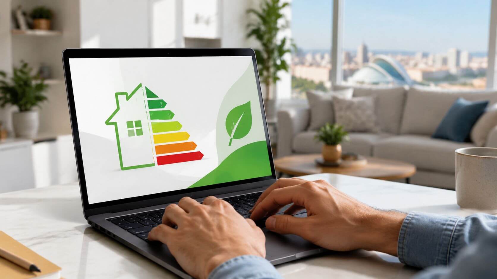Certificados Energéticos | Multa Certificado Energético: Evita sanciones en 2026 Una persona trabajando en un portátil mostrando una etiqueta de calificación energética de una vivienda en casa.
