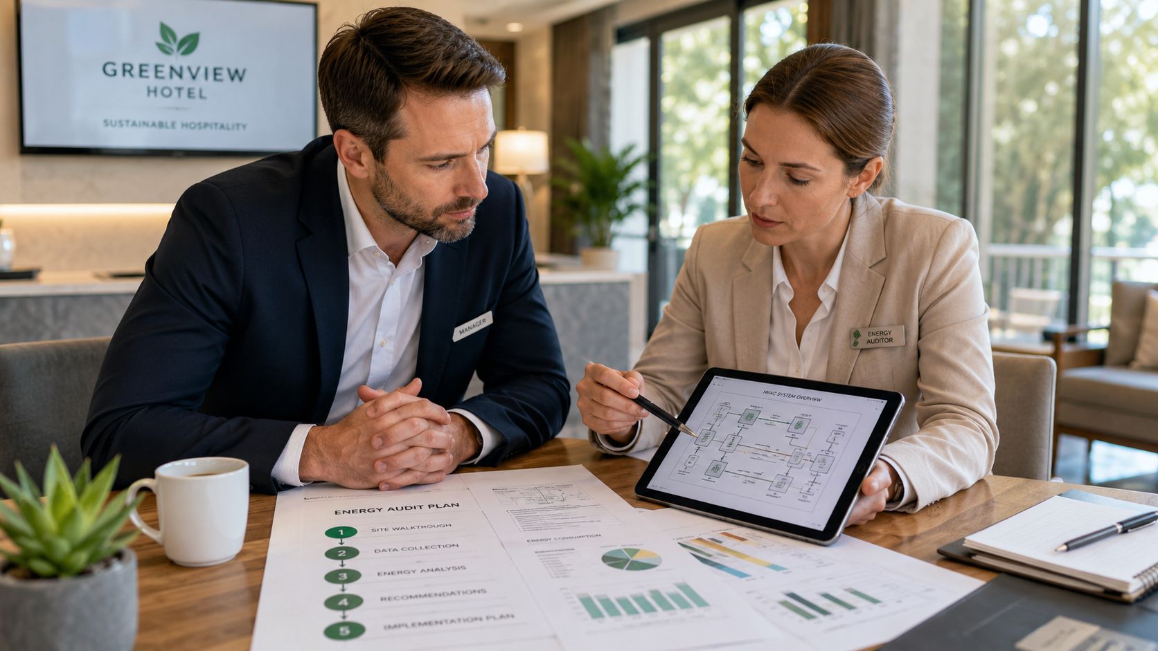 Certificados Energéticos | Certificado energético Hotel: Guía 2026 para Valencia Un gerente de hotel y un auditor energético revisan un plan y gráficos de eficiencia en una tableta.