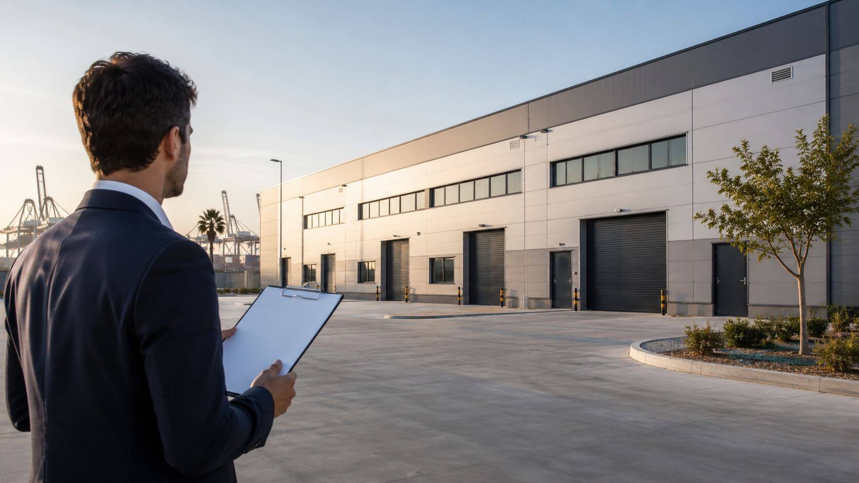 Certificados Energéticos | Certificado Energético nave industrial: Guía rápida 2026 Un hombre de negocios revisando documentos frente a un almacén industrial moderno durante el atardecer.