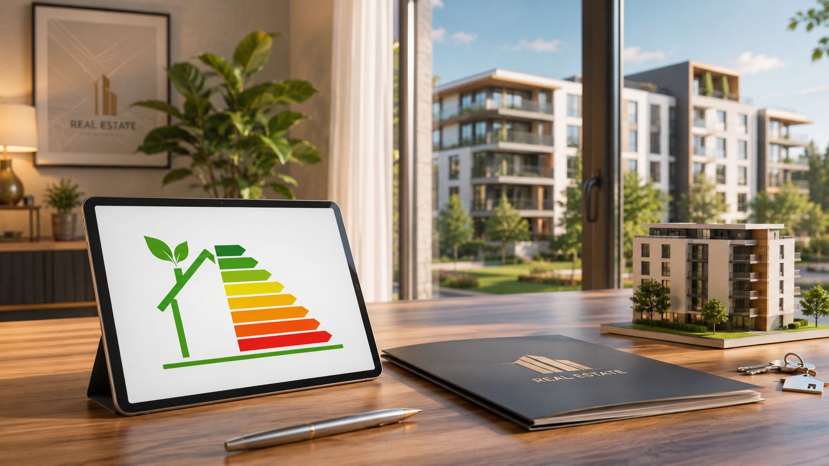 Certificados Energéticos | Licencia de Primera Ocupación en Valencia: Guía 2026 Tableta con icono de eficiencia energética junto a una maqueta de edificio y documentos inmobiliarios.