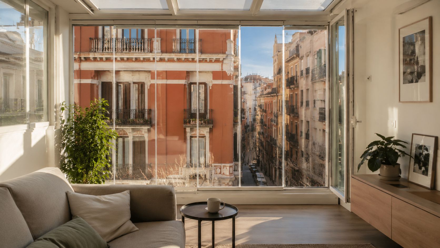 Certificados Energéticos | Cerramientos acristalados en Valencia: Tipos y Guía práctica Vista desde un salón moderno con cerramientos acristalados que muestran una animada calle urbana y arquitectura europea.