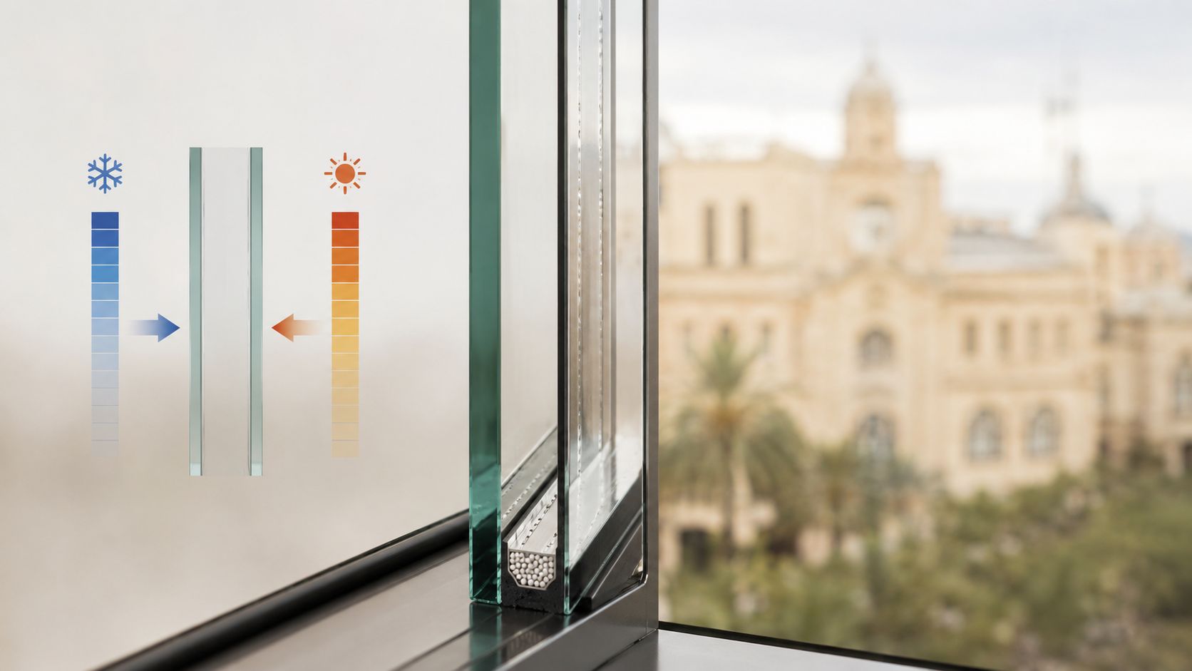 Certificados Energéticos | Cerramientos acristalados en Valencia: Tipos y Guía práctica Sección transversal de un sistema de doble acristalamiento con aislamiento térmico y vista a un edificio clásico.