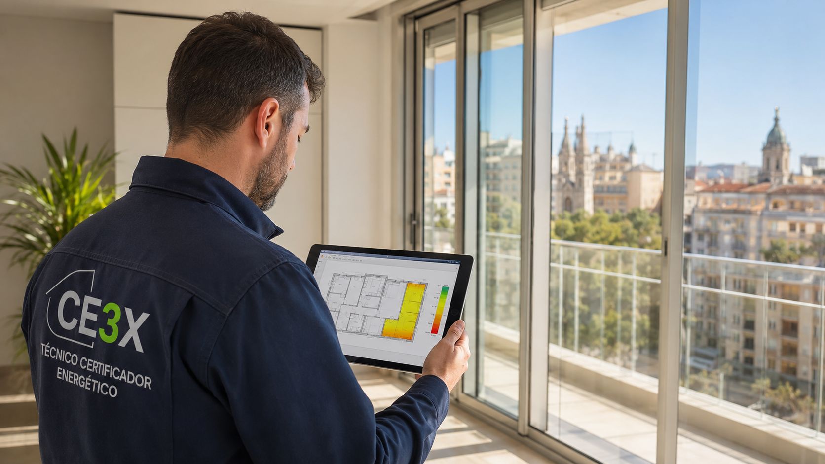 Certificados Energéticos | Cerramientos acristalados en Valencia: Tipos y Guía práctica Técnico en certificación energética examinando un plano en una tablet junto a un cerramiento acristalado con vistas.