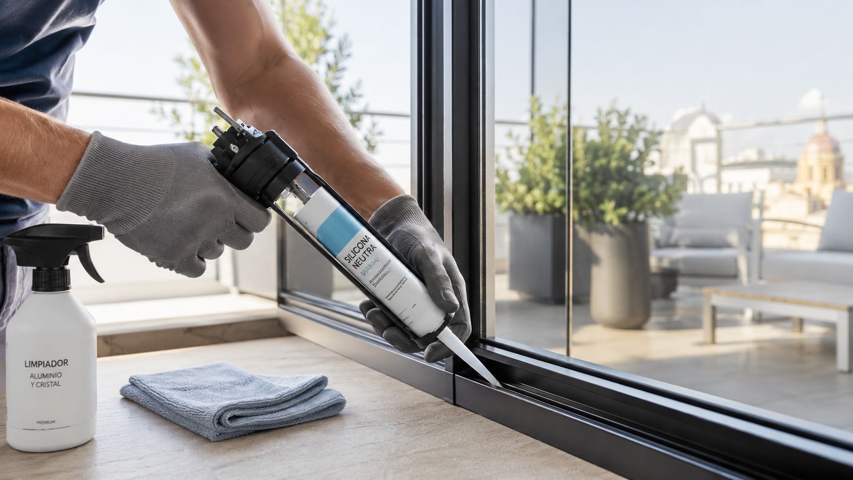 Certificados Energéticos | Cerramientos acristalados en Valencia: Tipos y Guía práctica Un profesional aplica silicona neutra para sellar un cerramiento acristalado con herramientas adecuadas en una terraza.