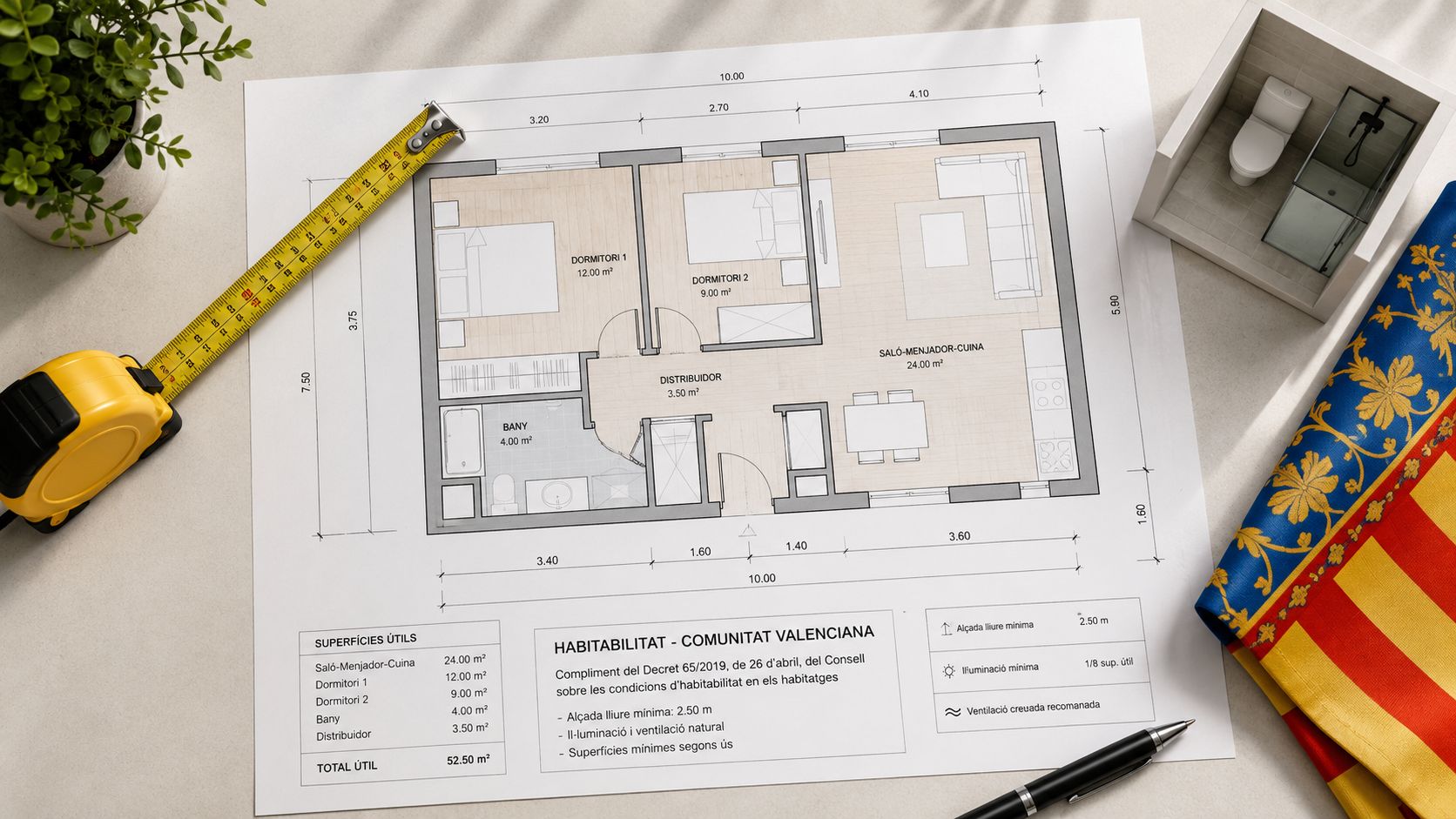 Certificados Energéticos | Obtén tu Certificado de habitabilidad en Valencia 2026 Plano de arquitectura de un apartamento con medidas detalladas y especificaciones para certificado de habitabilidad en España.