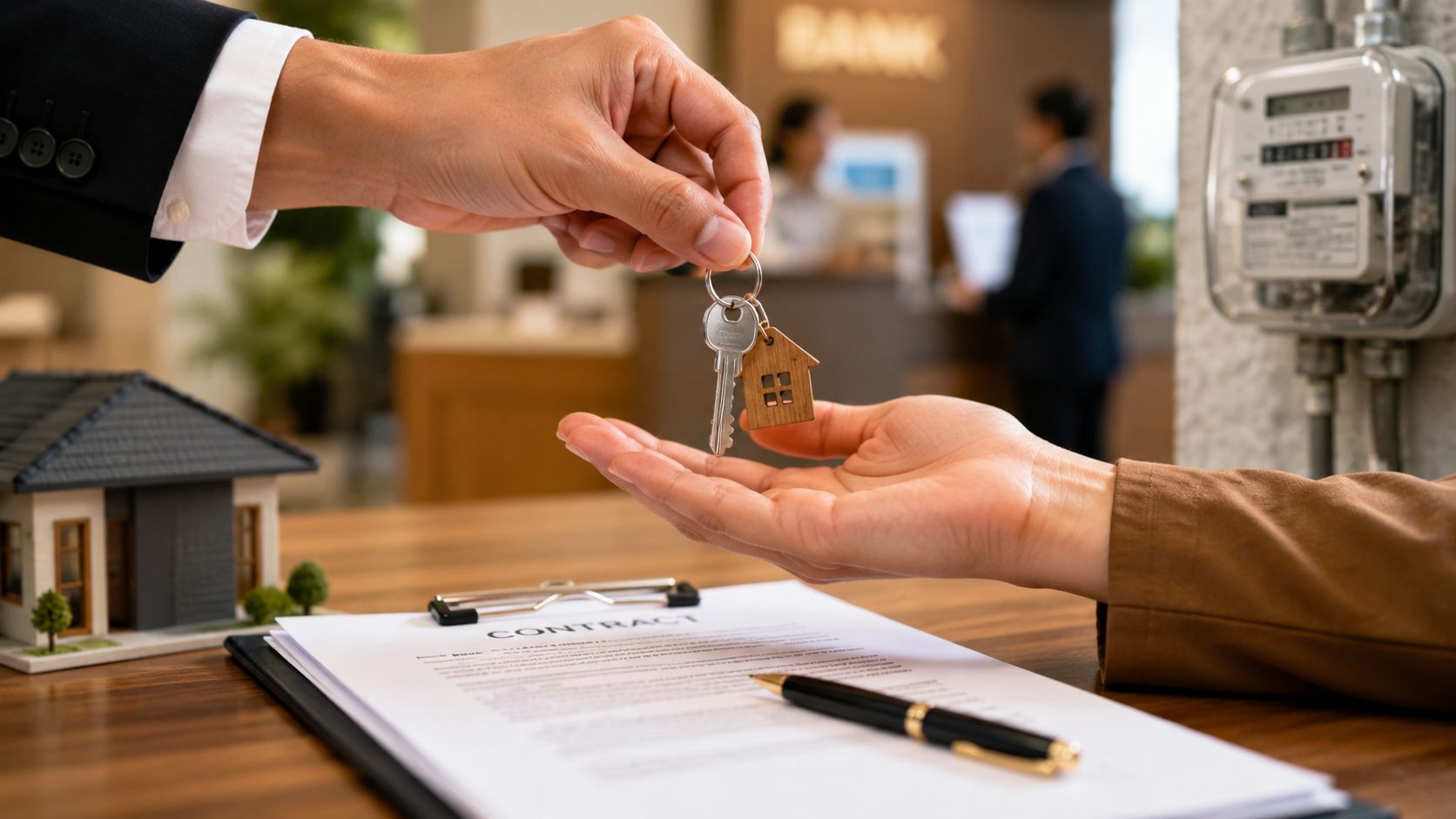 Certificados Energéticos | Obtén tu Certificado de habitabilidad en Valencia 2026 Una persona entregando las llaves de una casa a otra persona sobre un contrato de vivienda.
