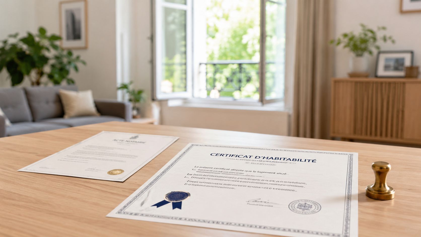 Certificados Energéticos | Obtén tu Certificado de habitabilidad en Valencia 2026 Documento legal de certificado de habitabilidad colocado sobre una mesa de madera con un sello.