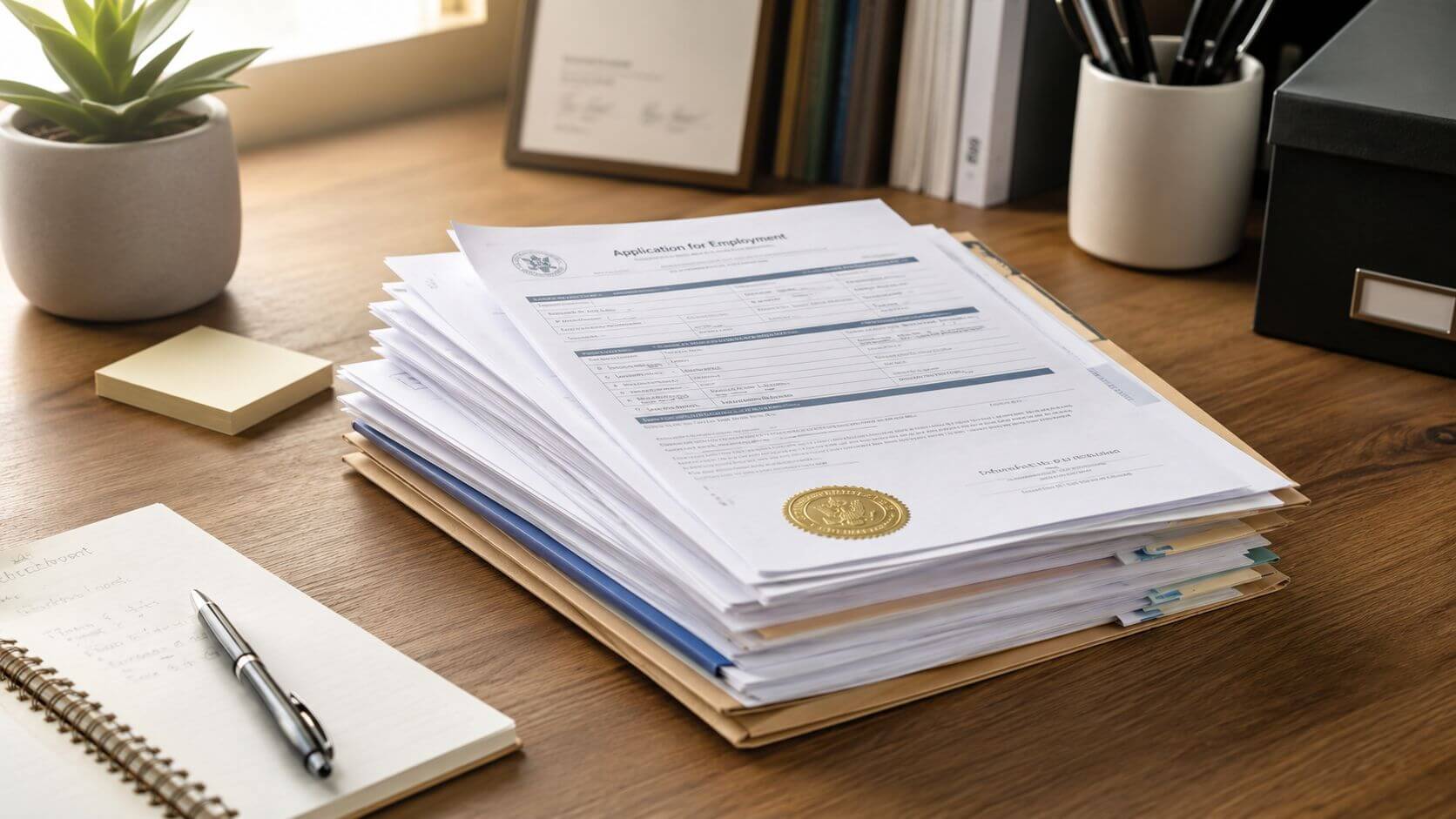 Certificados Energéticos | Obtén tu Cedula de Habitabilidad Navarra: Guía Rápida 2026 Una pila de documentos de solicitud de empleo con un sello oficial sobre un escritorio de madera.