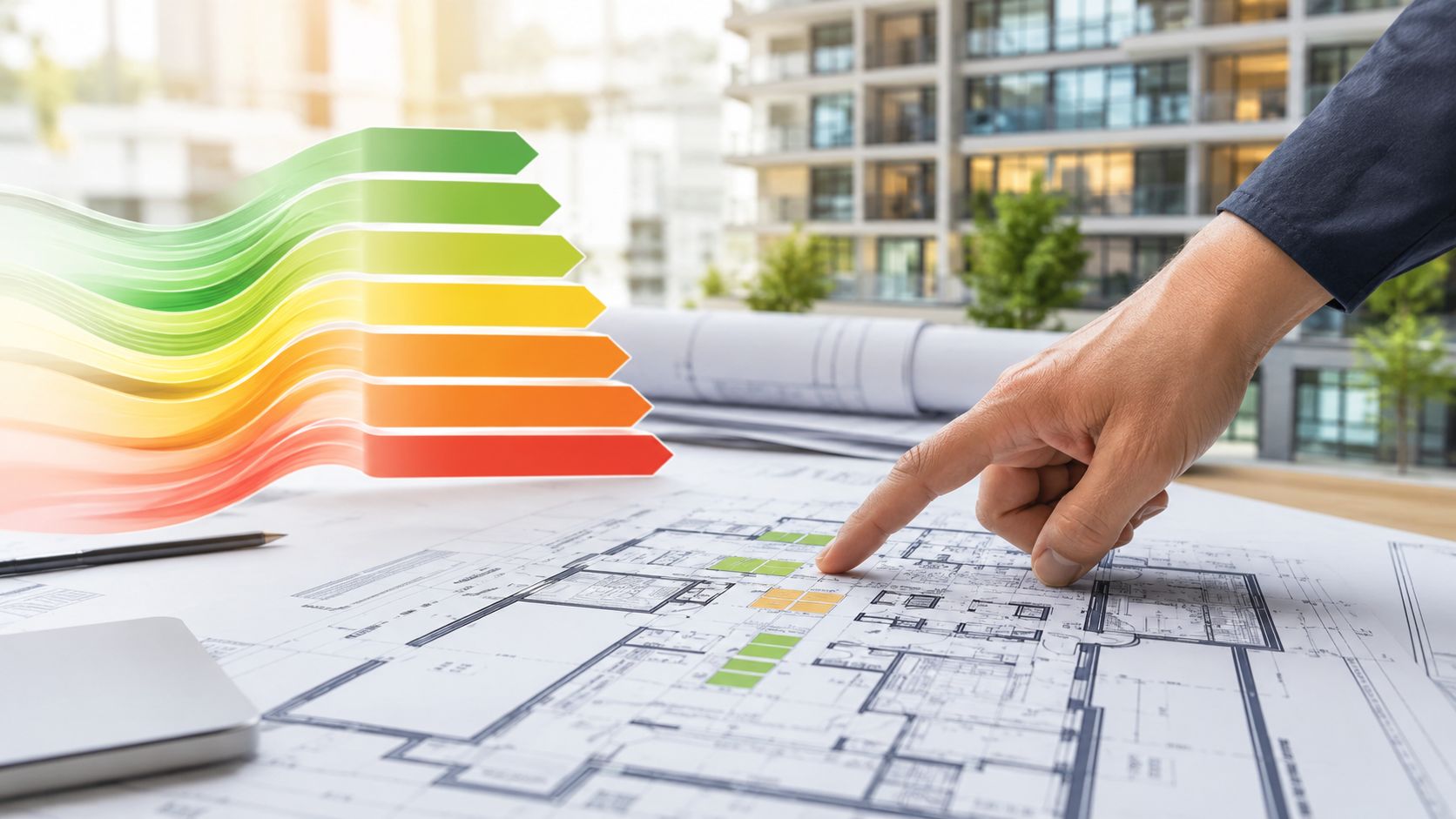 Certificados Energéticos | Certificado energético Hotel: Guía 2026 para Valencia Persona señalando un plano arquitectónico con una superposición gráfica de etiquetas de eficiencia energética para hoteles.