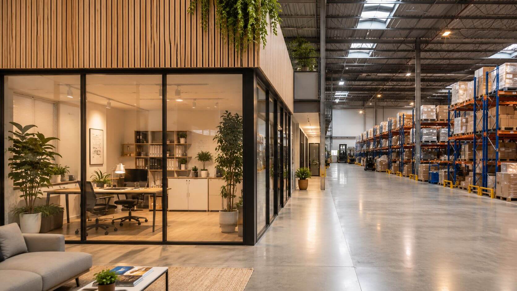 Certificados Energéticos | Certificado Energético nave industrial: Guía rápida 2026 Una oficina moderna de cristal ubicada dentro de una nave industrial con estanterías llenas de mercancía.