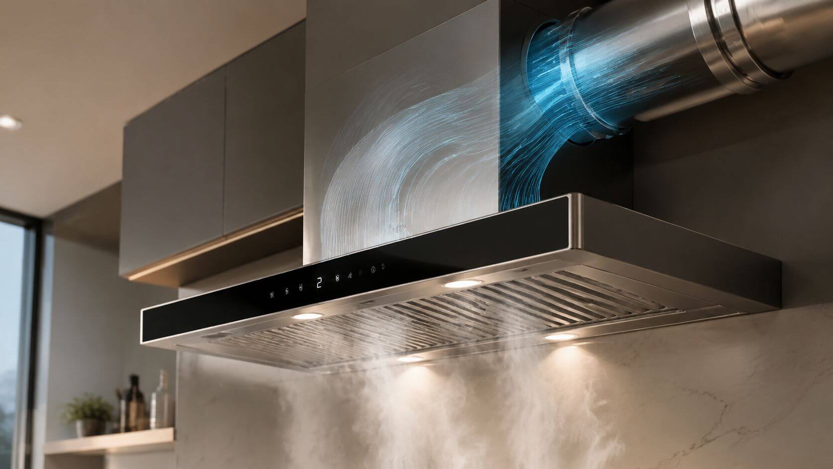 Certificados Energéticos | Normativa salida de humos de cocinas en viviendas: Valencia Una campana extractora de cocina moderna de acero inoxidable funcionando con humo y conductos de ventilación visibles.