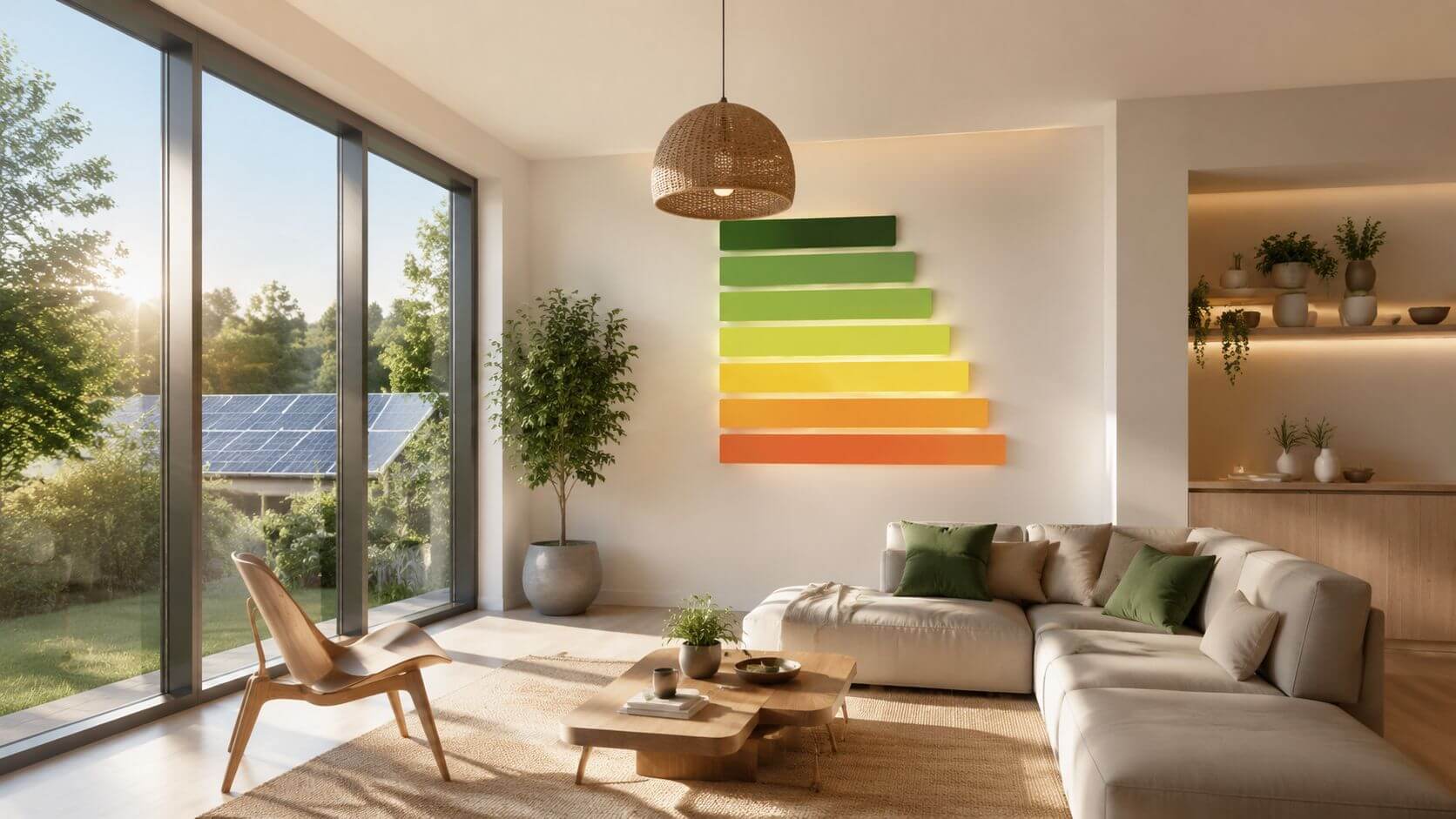 Certificados Energéticos | Hipoteca denegada después de tasar, ¿Qué hacer? Sala de estar moderna con una etiqueta de eficiencia energética en la pared y paneles solares exteriores.