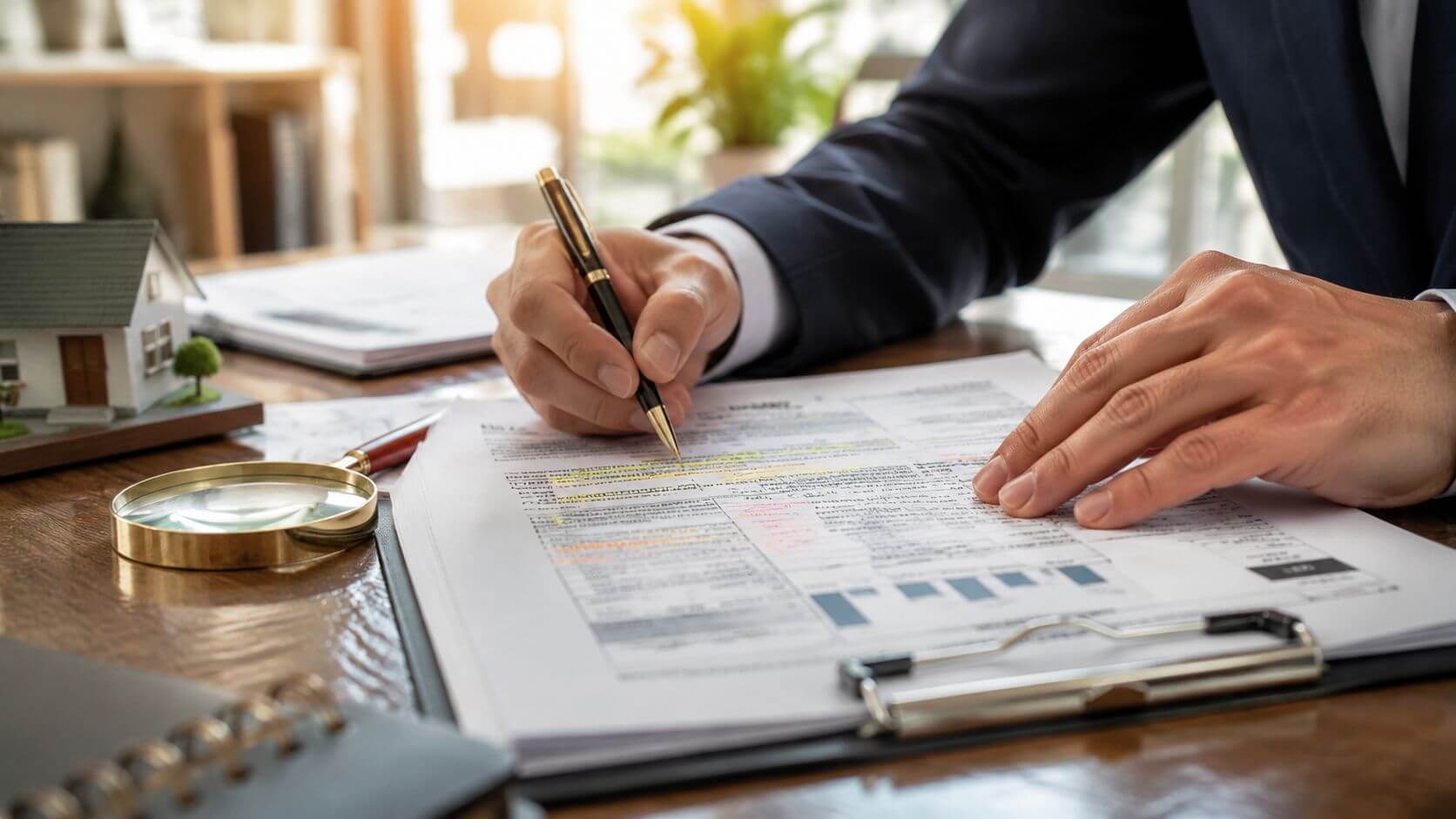 Certificados Energéticos | Hipoteca denegada después de tasar, ¿Qué hacer? Un profesional revisa documentos legales sobre propiedad inmobiliaria con un bolígrafo sobre una mesa de madera.
