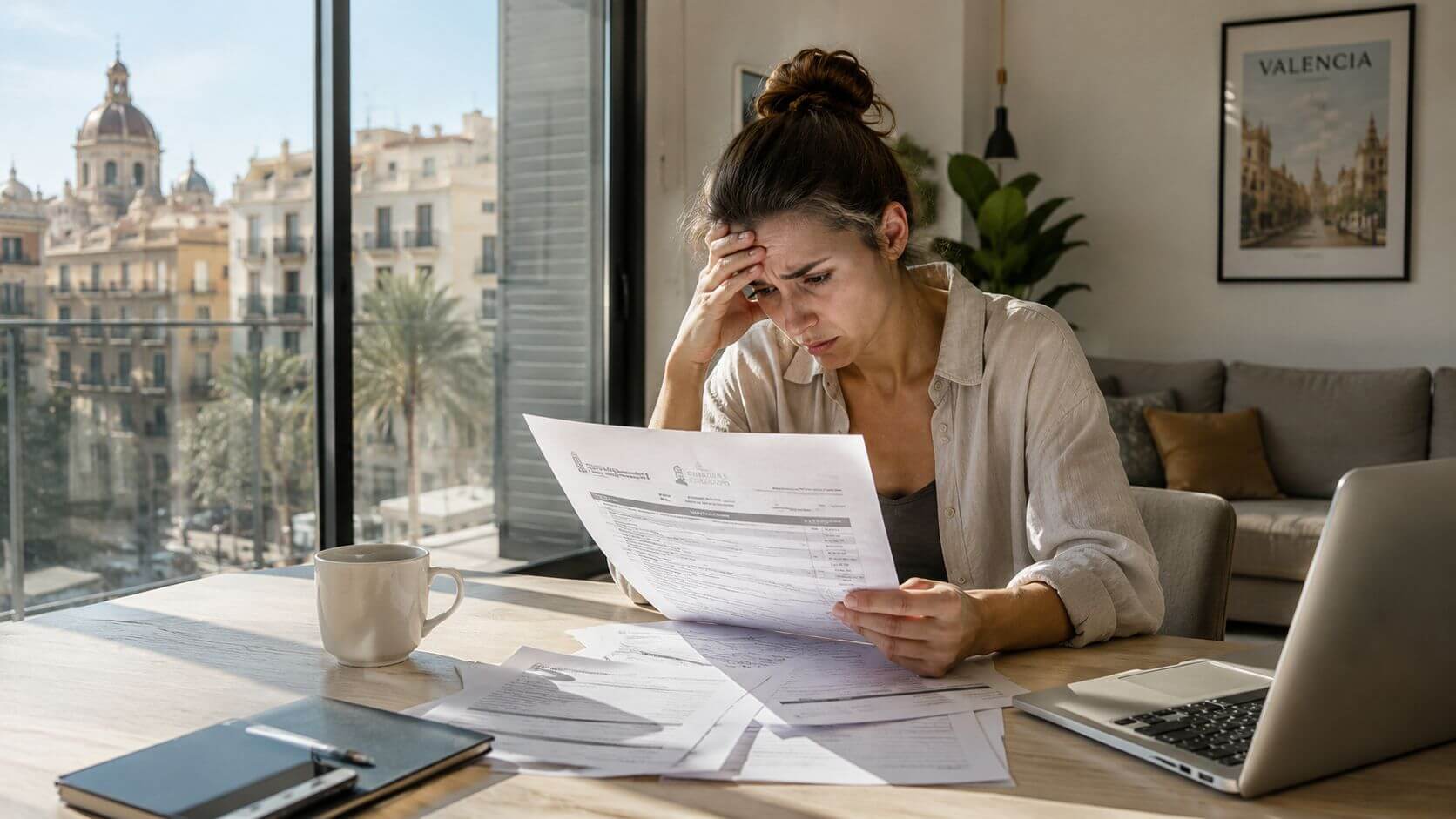 Certificados Energéticos | Hipoteca denegada después de tasar, ¿Qué hacer? Una mujer joven y preocupada revisa documentos financieros importantes mientras está sentada en su escritorio en casa.