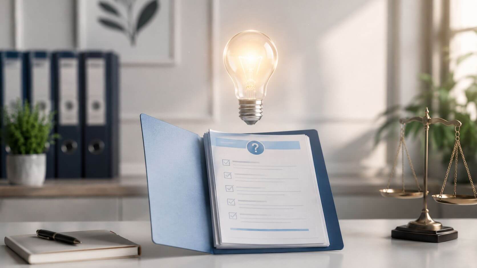 Certificados Energéticos | Registro Certificado Energético Murcia: Guía paso a paso Una bombilla encendida sobre un portafolios abierto con una lista de verificación y una balanza de justicia.