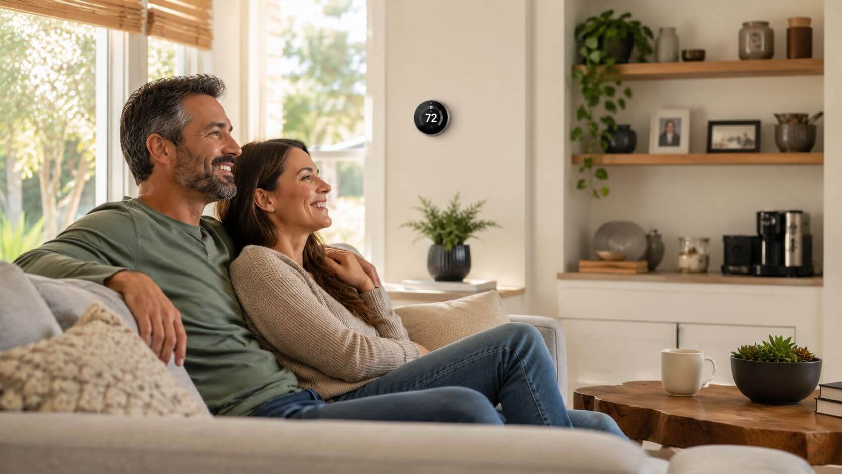 Certificados Energéticos | Calderas de Condensación Gas Natural: Guía completa 2026 Una pareja feliz descansando juntos en un sofá acogedor dentro de una sala de estar moderna.