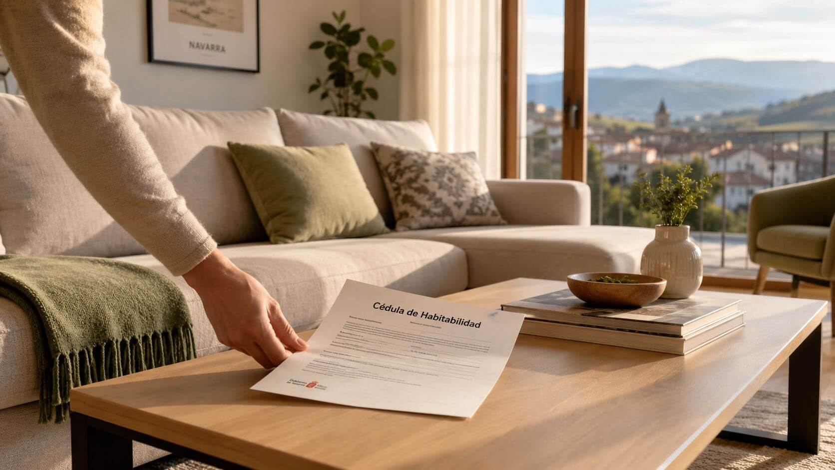 Certificados Energéticos | Obtén tu Cedula de Habitabilidad Navarra: Guía Rápida 2026 Una persona sosteniendo un documento de Cédula de Habitabilidad en una sala de estar moderna en Navarra.