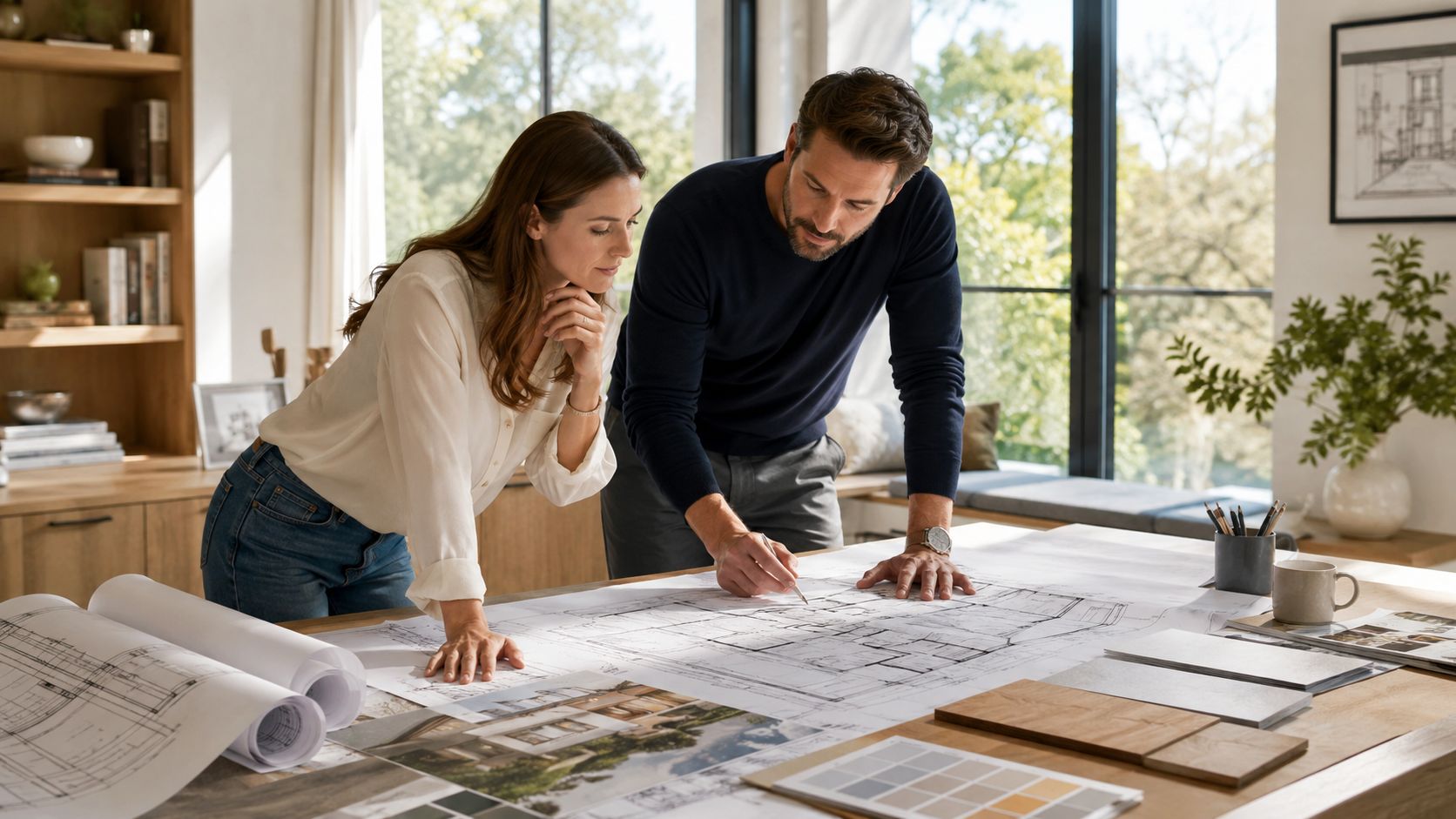 Certificados Energéticos | Memoria del proyecto: Guía completa para obras en Valencia Arquitectos colaborando y revisando planos de construcción detallados en una amplia mesa de diseño moderno.