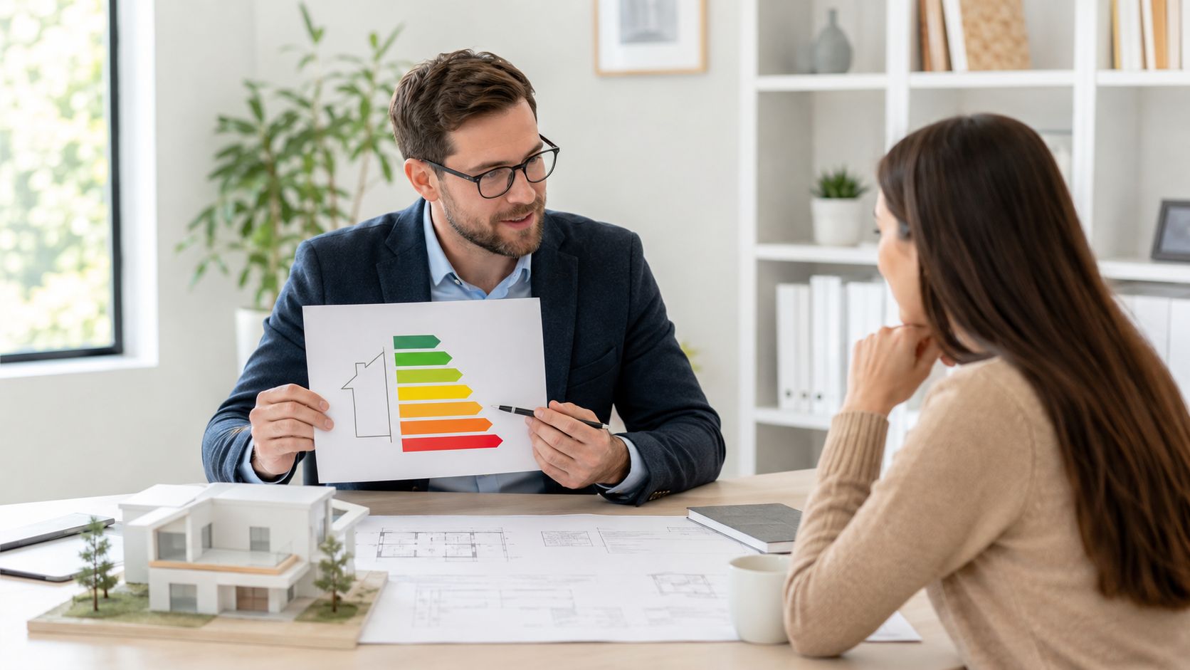 Certificados Energéticos | Memoria del proyecto: Guía completa para obras en Valencia Un consultor inmobiliario muestra una calificación de eficiencia energética a una clienta durante una reunión de negocios.