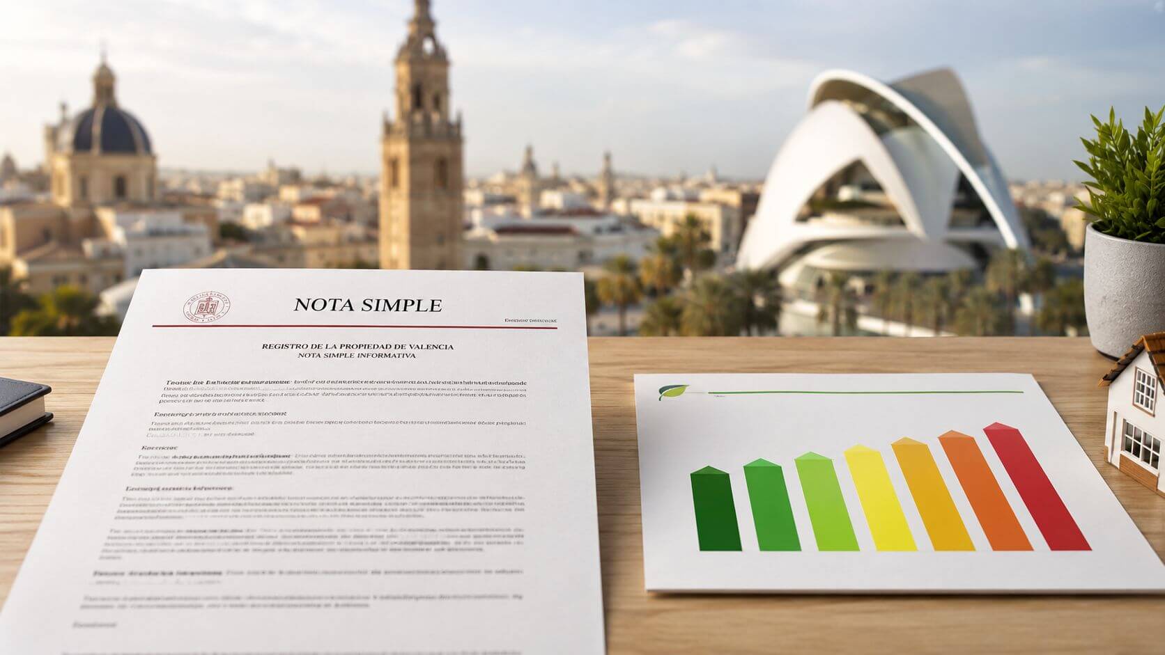 Certificados Energéticos | Notas simples Registro Propiedad: Guía completa 2026 Documento de nota simple y gráfico de eficiencia energética sobre una mesa con vistas a Valencia.