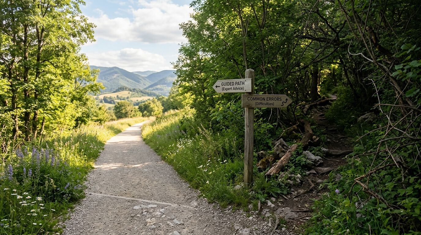 Certificados Energéticos | Requisitos para poner un Vado: Guía completa 2026 Un sendero dividido por un cartel de madera que indica una ruta guiada y otra con dificultades.