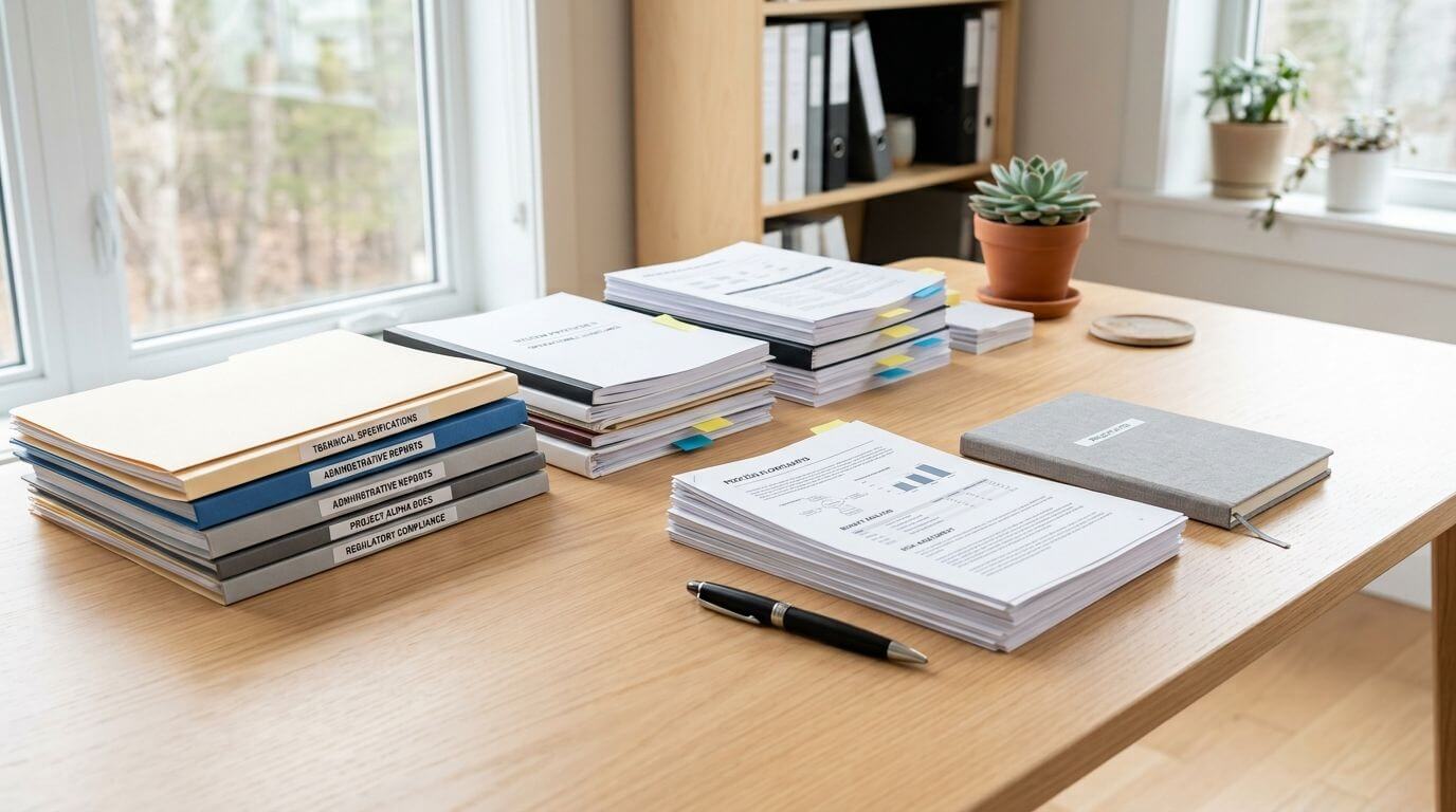 Certificados Energéticos | Requisitos para poner un Vado: Guía completa 2026 Escritorio organizado con carpetas de proyectos, pilas de documentos, bolígrafo y una planta pequeña cerca de la ventana